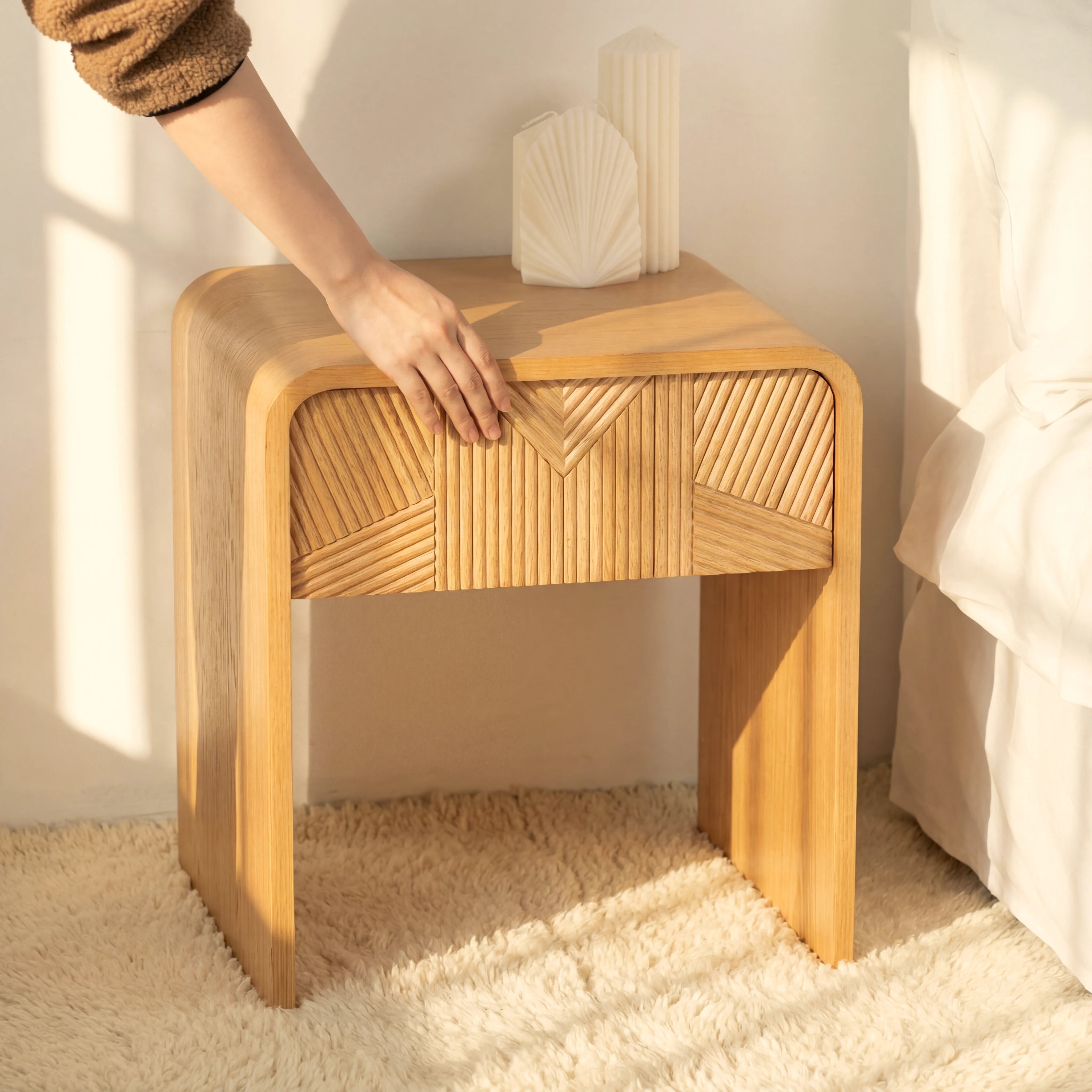 Vista Side Table White oak with sculpted slat detailing