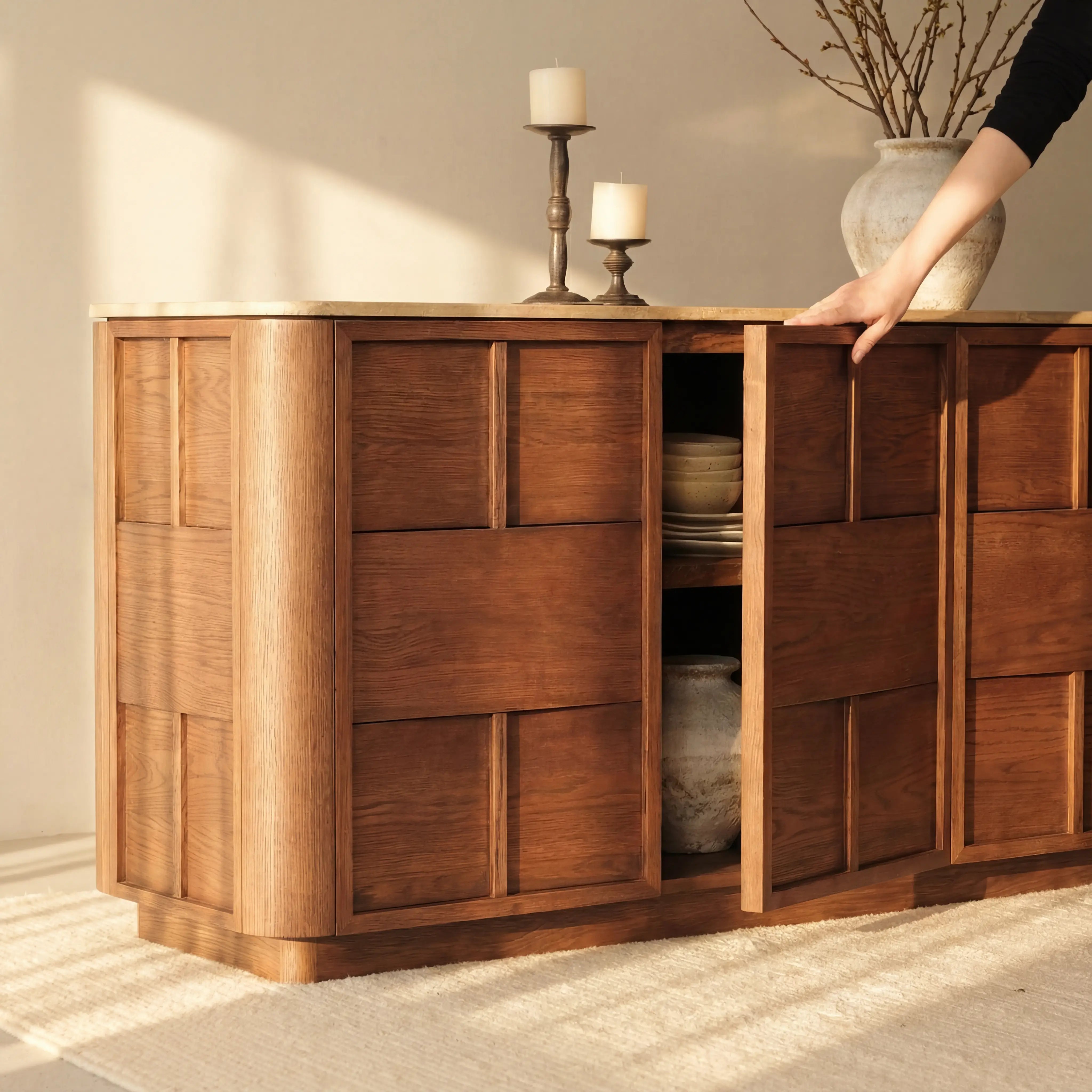 Hearth Sideboard Oak wood with travertine top