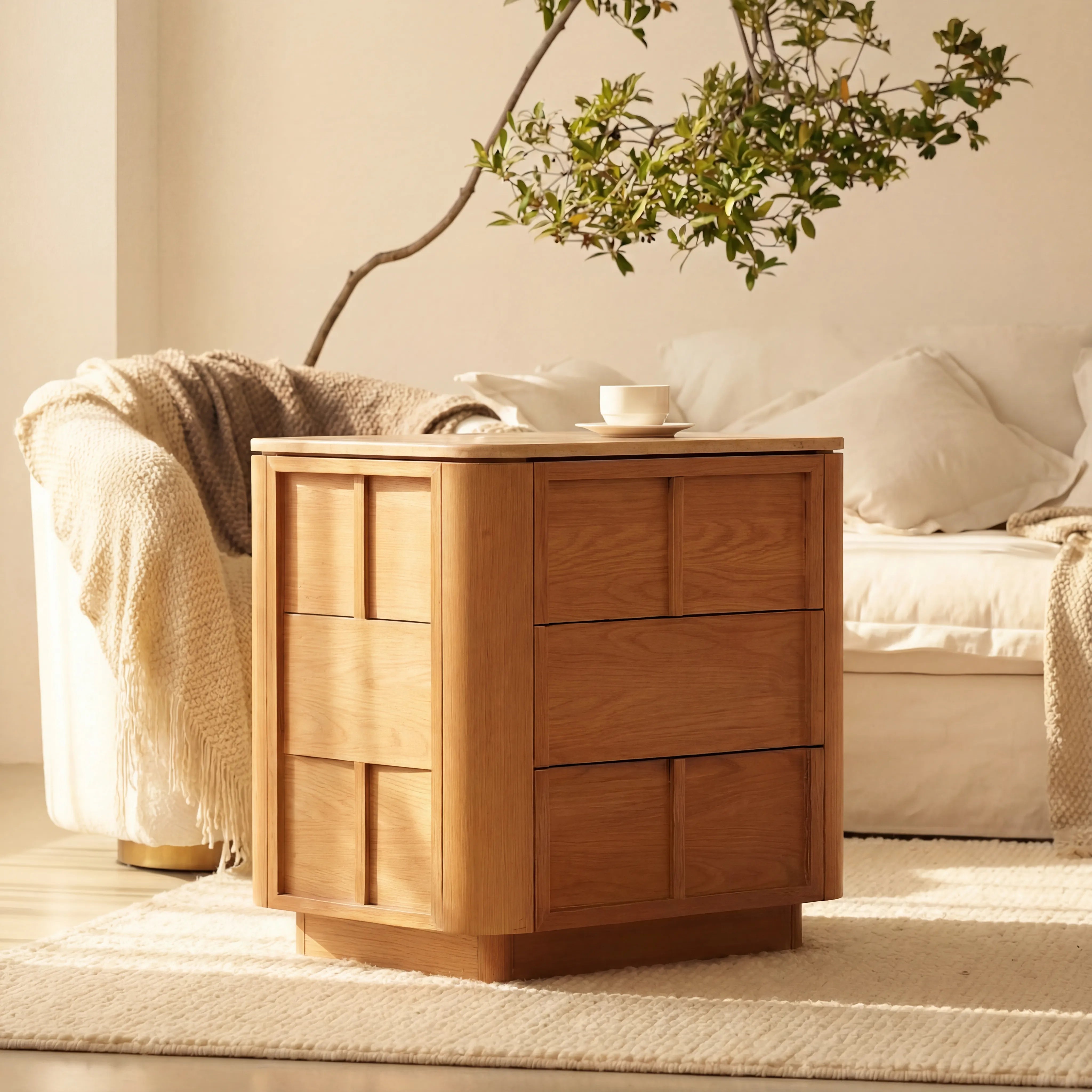 Hearth Bedside Table Oak wood with travertine top