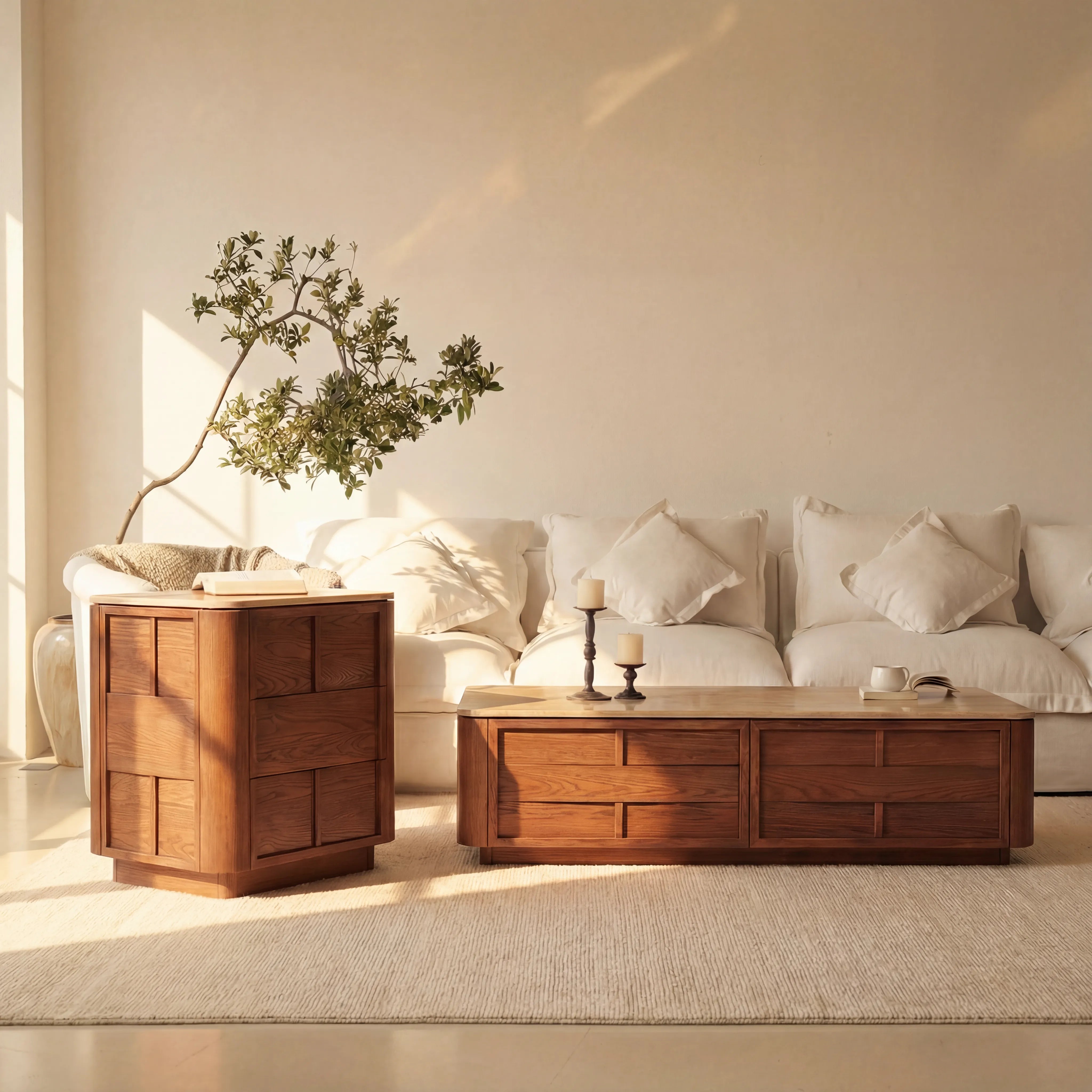 Hearth Bedside Table Oak wood with travertine top