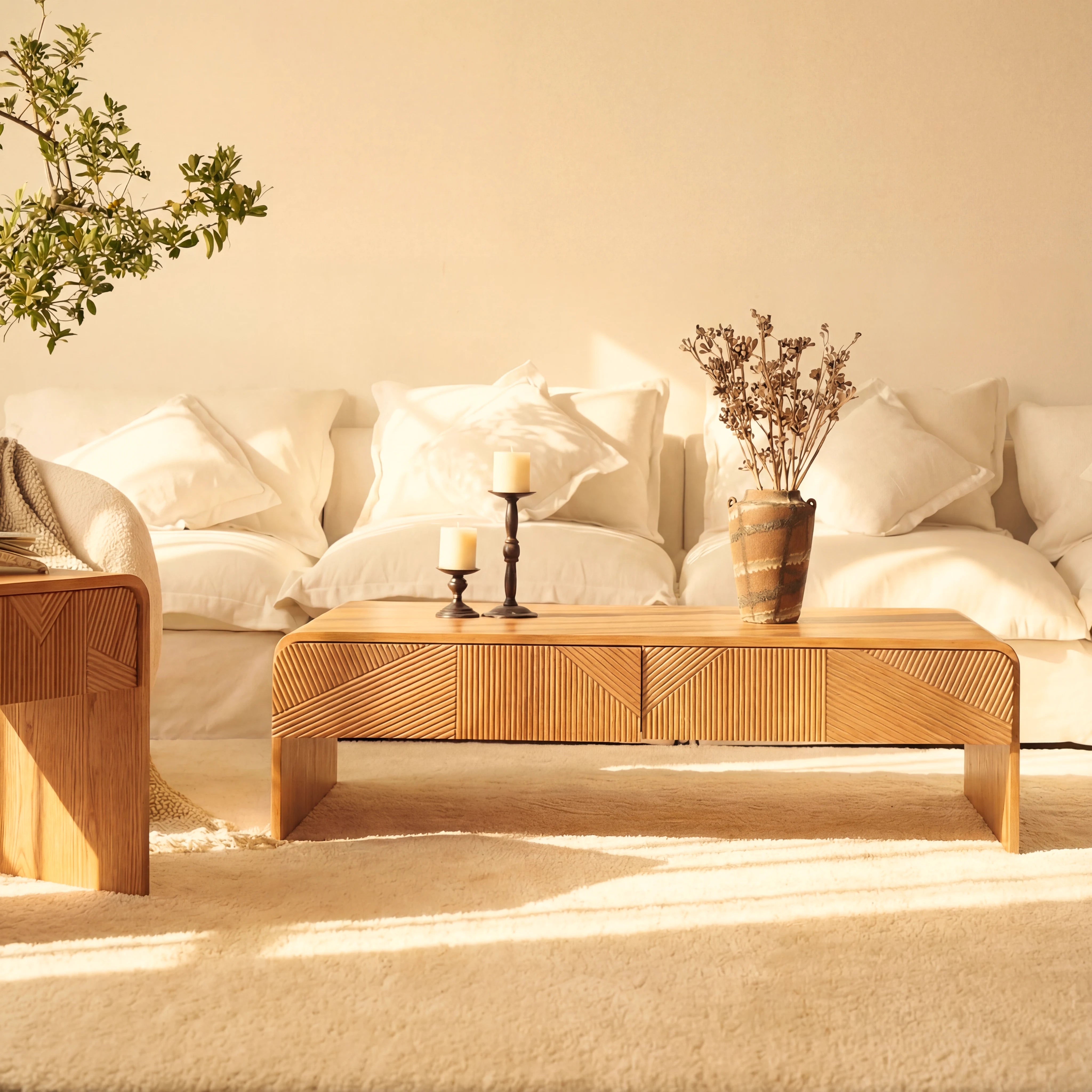 VISTA Coffee Table White oak with sculpted slat detailing