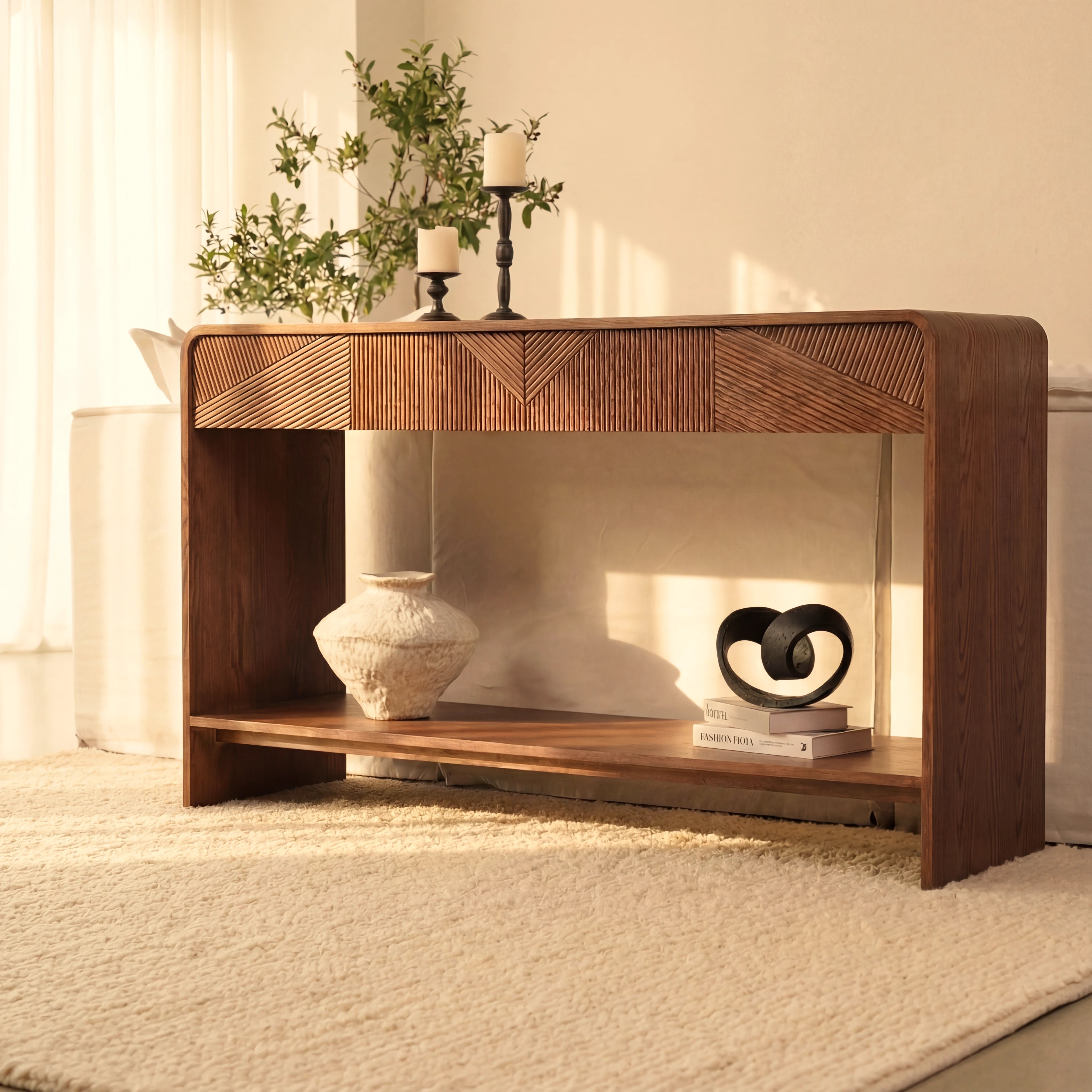VISTA Console Table White oak with sculpted slat detailing