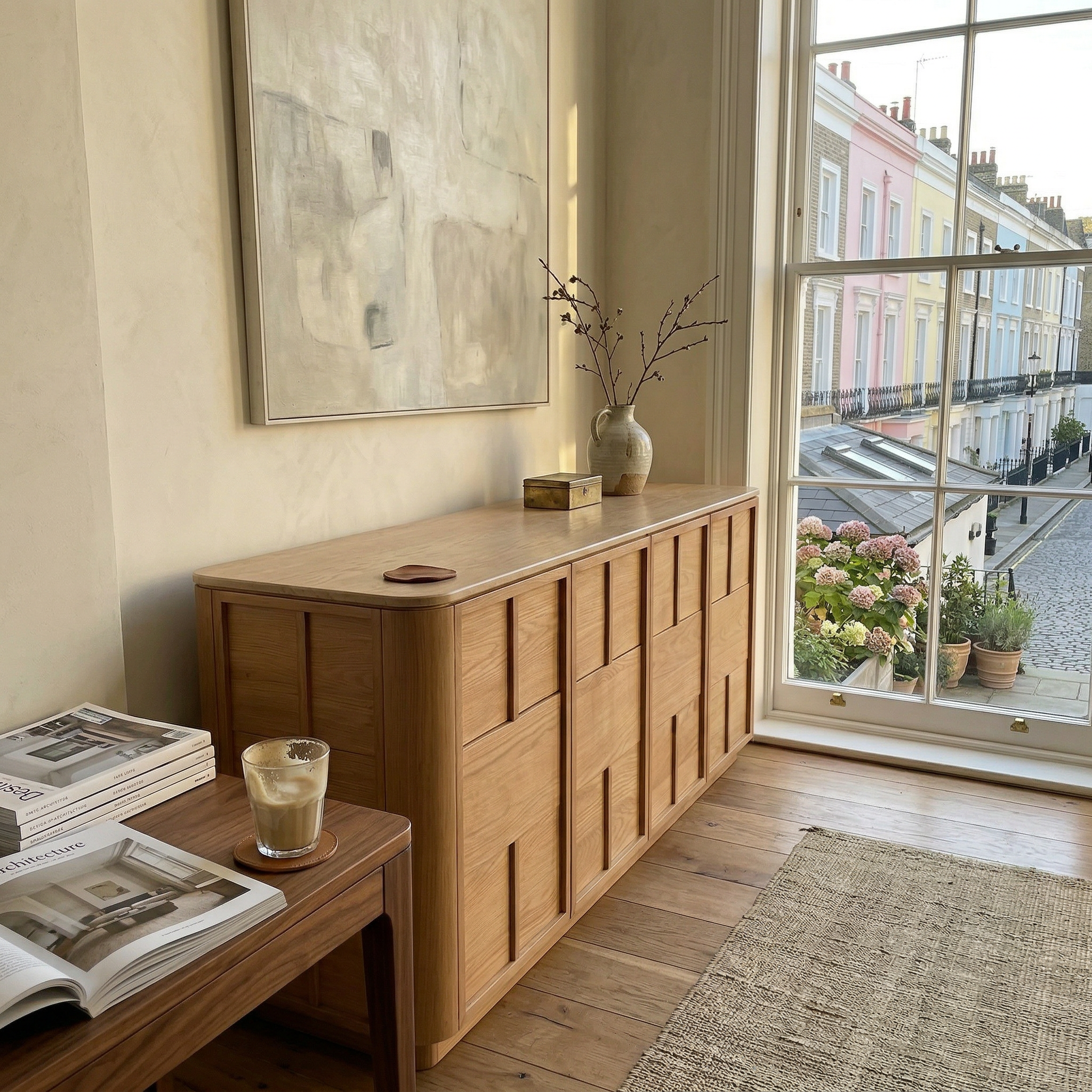 Hearth Sideboard Oak wood with travertine top