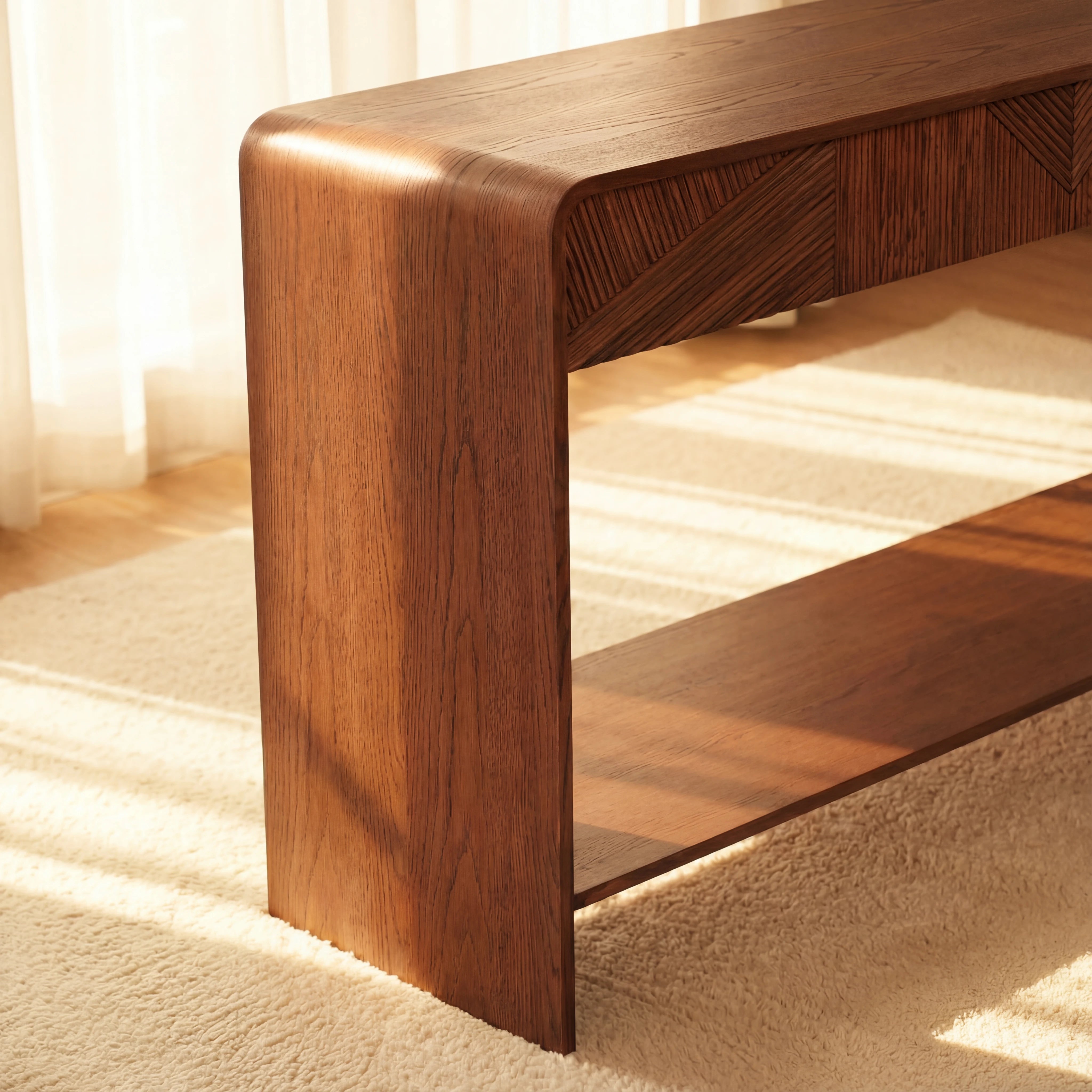 VISTA Console Table White oak with sculpted slat detailing