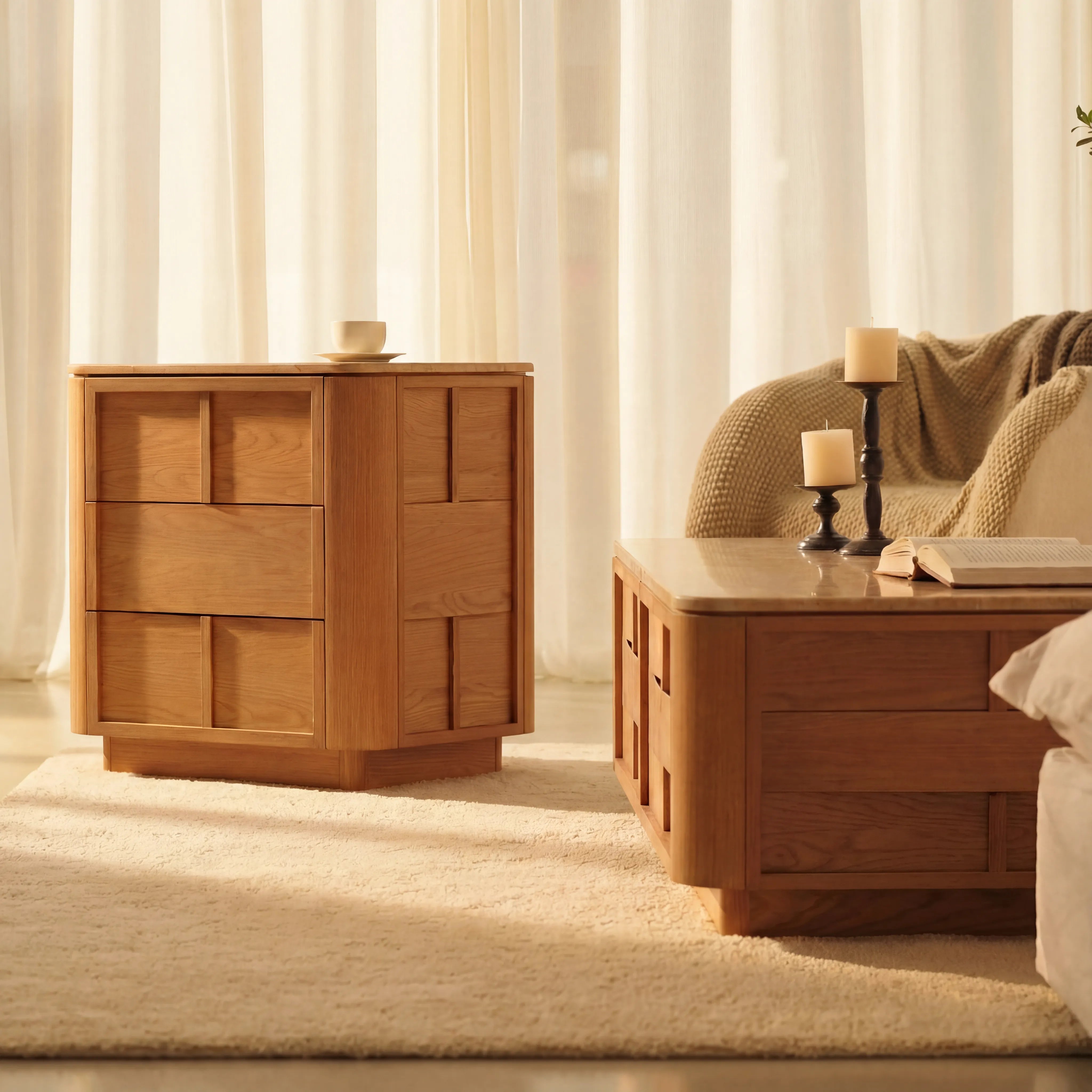 Hearth Bedside Table Oak wood with travertine top
