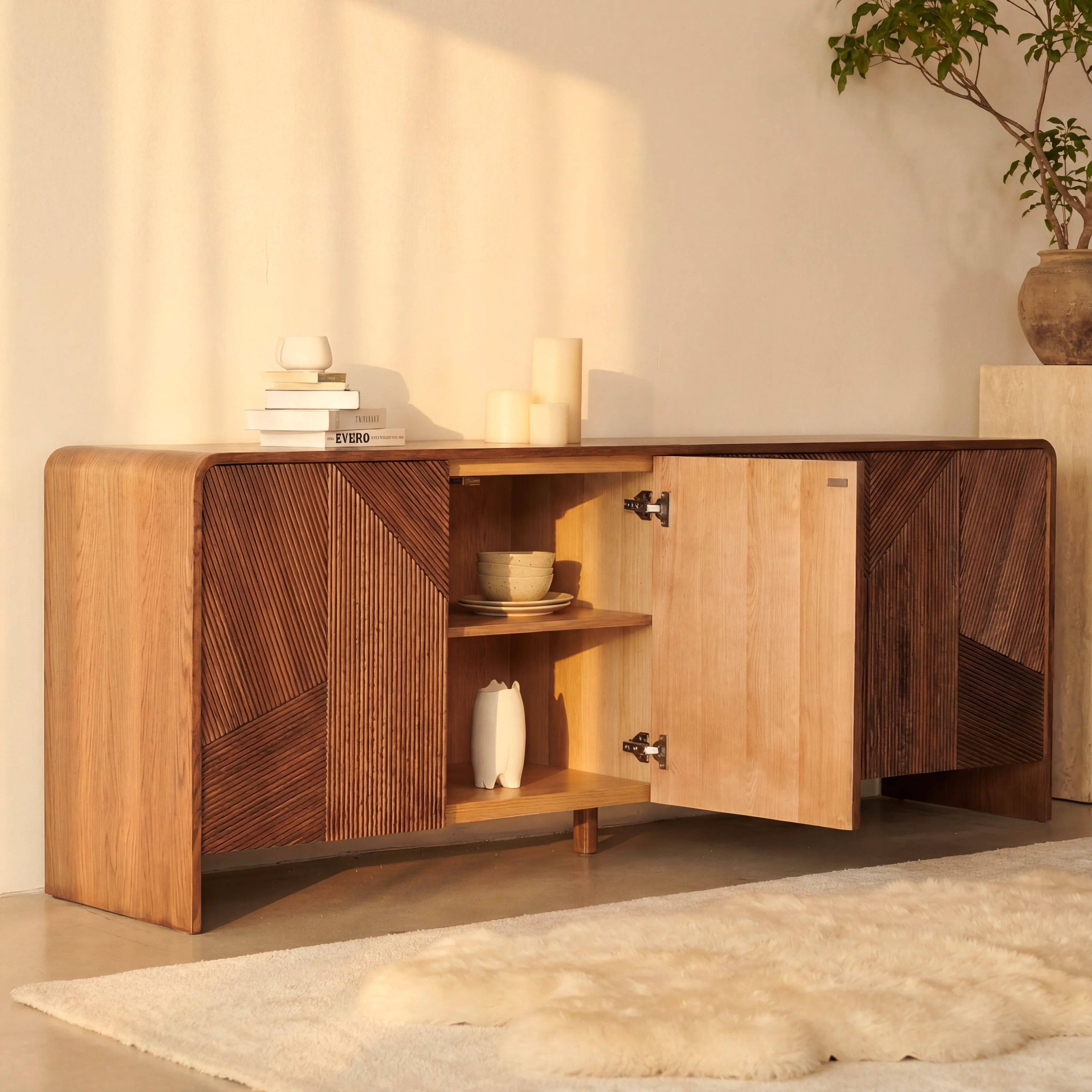 Vista Sideboard White oak with sculpted slat detailing