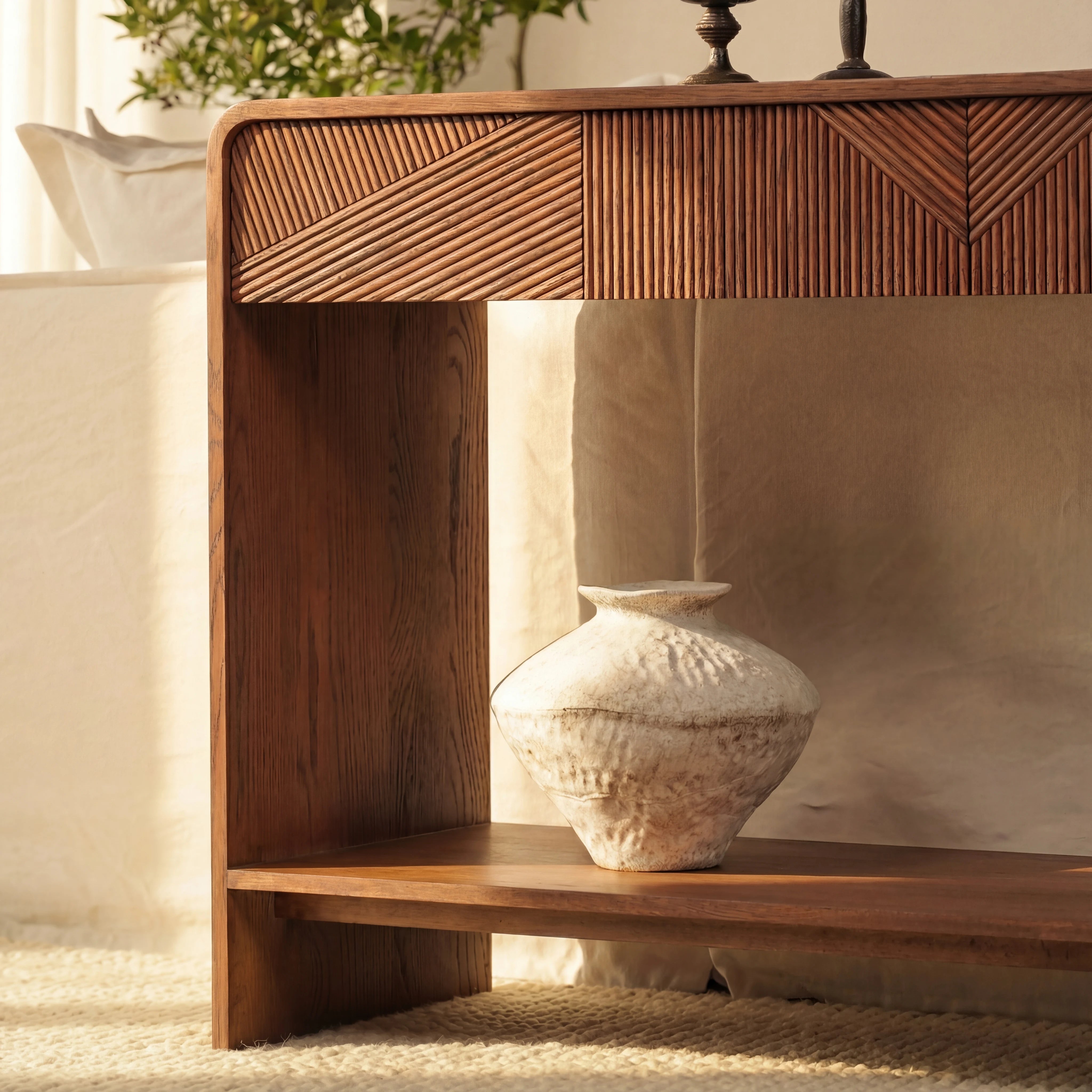 VISTA Console Table White oak with sculpted slat detailing