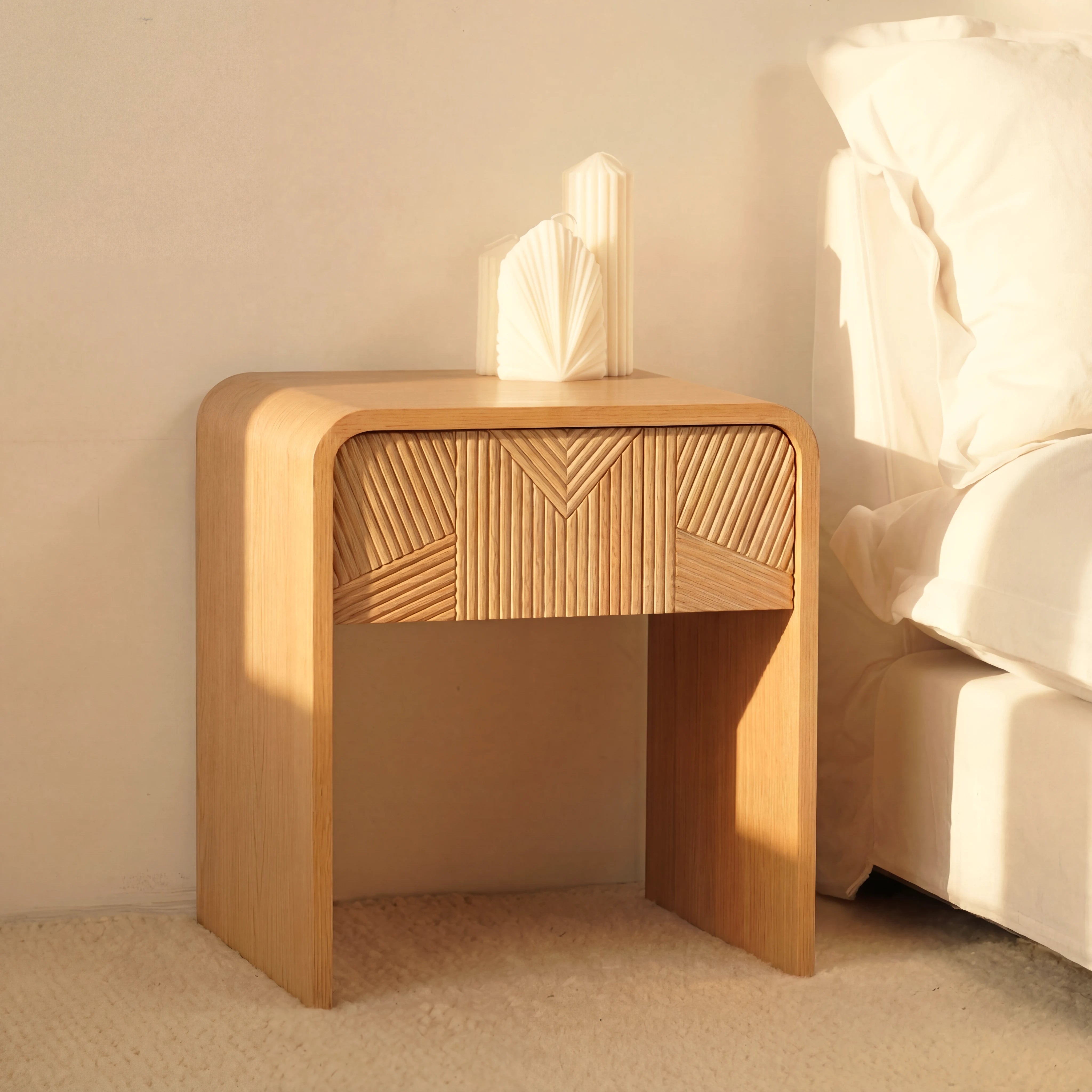 Vista Side Table White oak with sculpted slat detailing