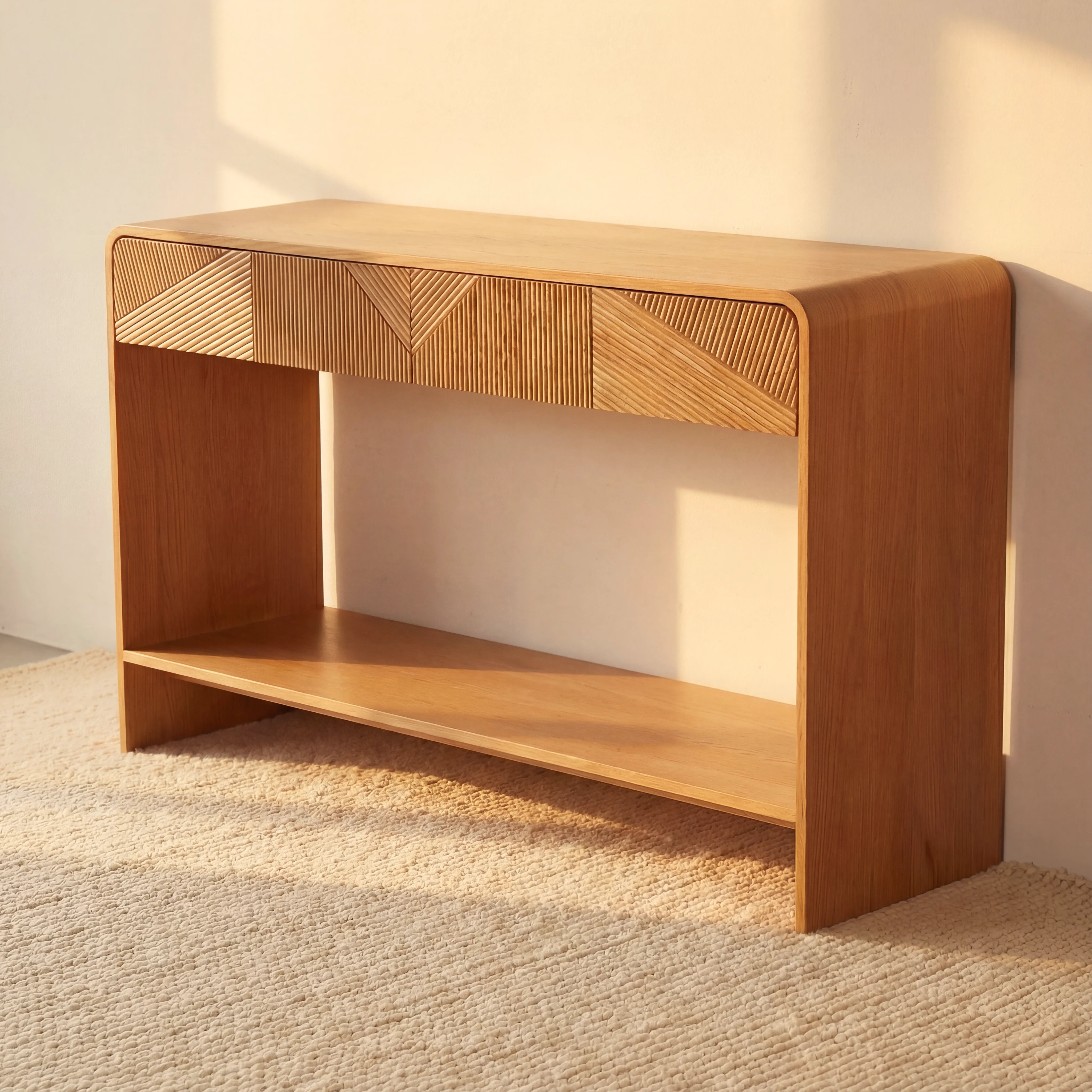 VISTA Console Table White oak with sculpted slat detailing