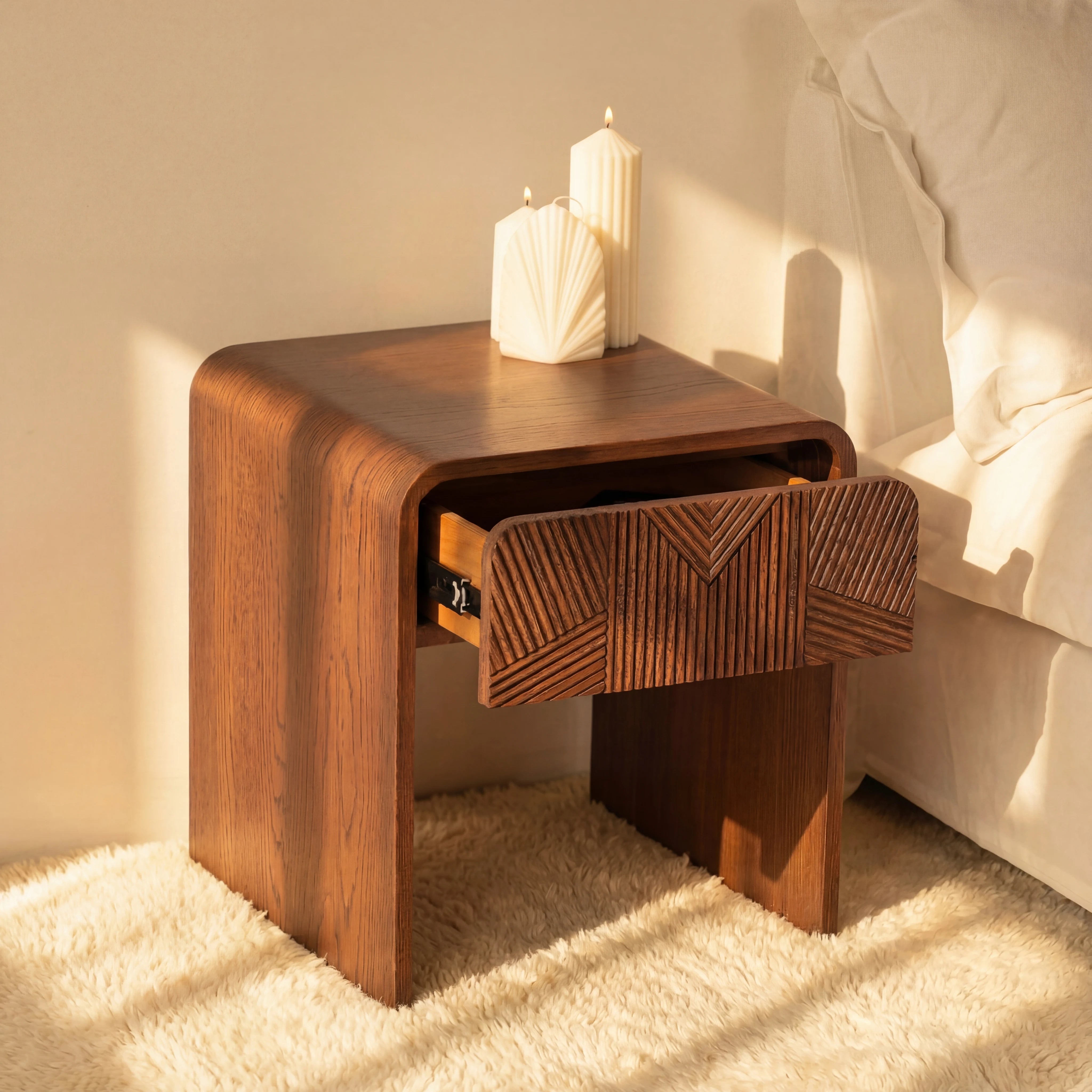 Vista Side Table White oak with sculpted slat detailing