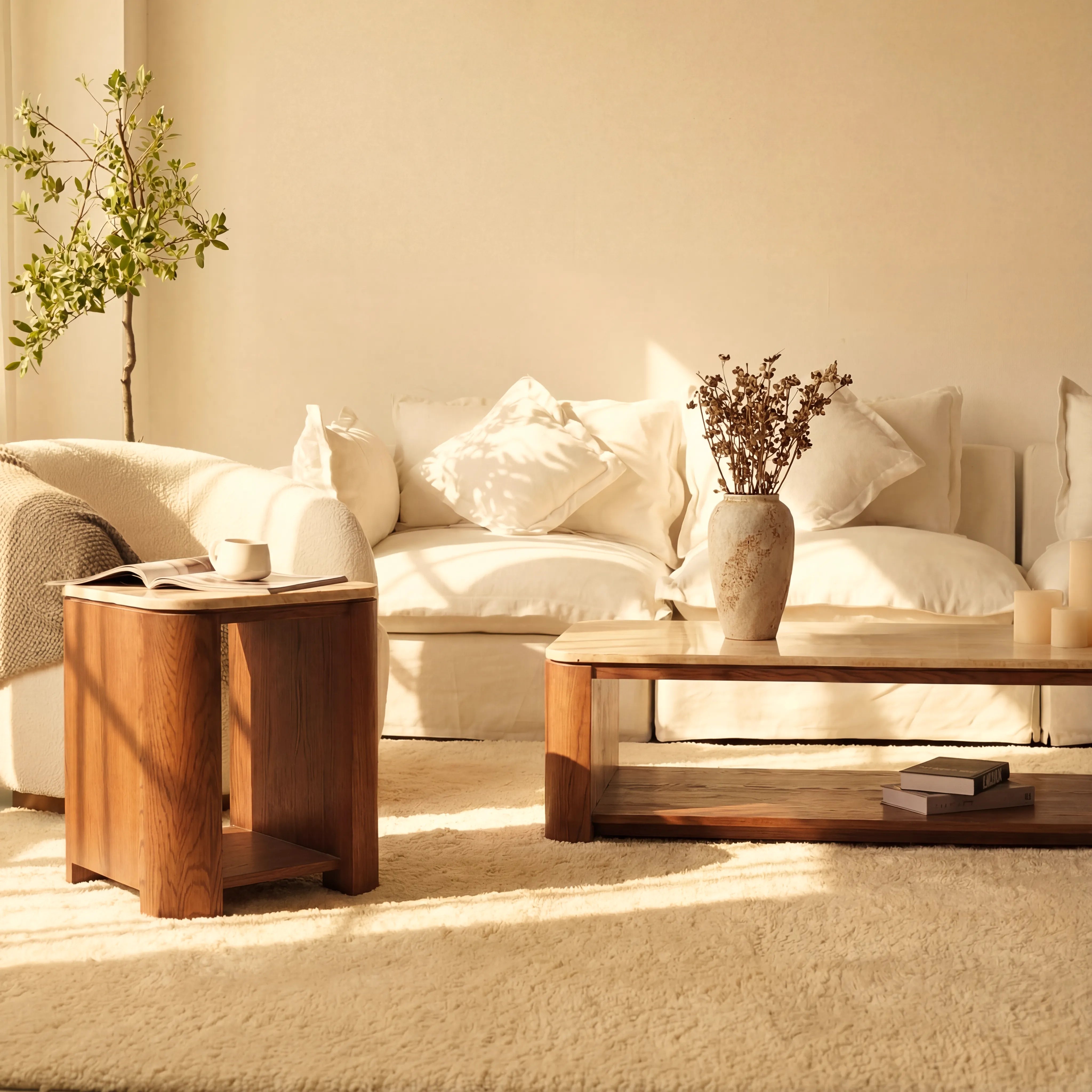 Ovelo Side Table Oak wood with travertine top