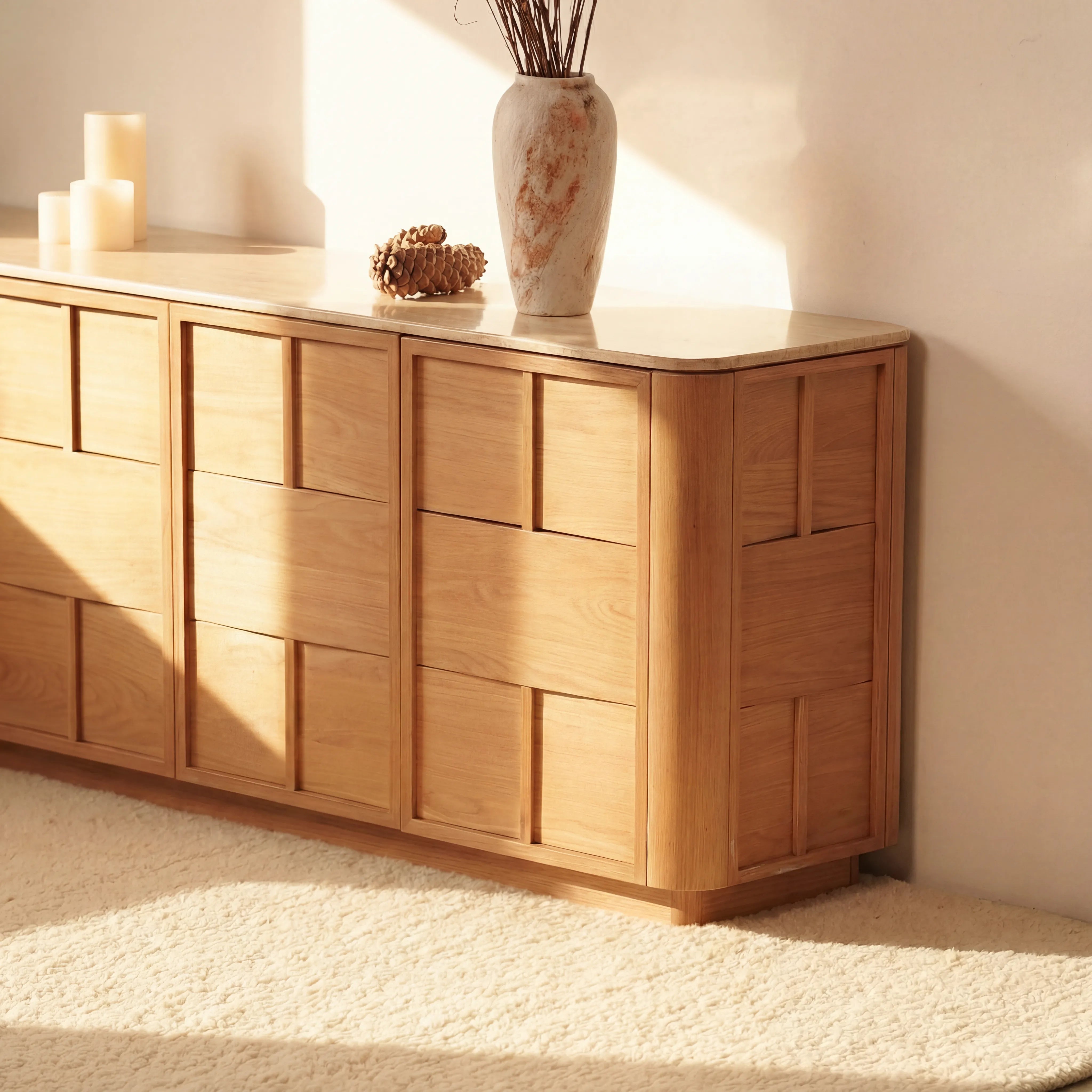 Hearth Sideboard Oak wood with travertine top