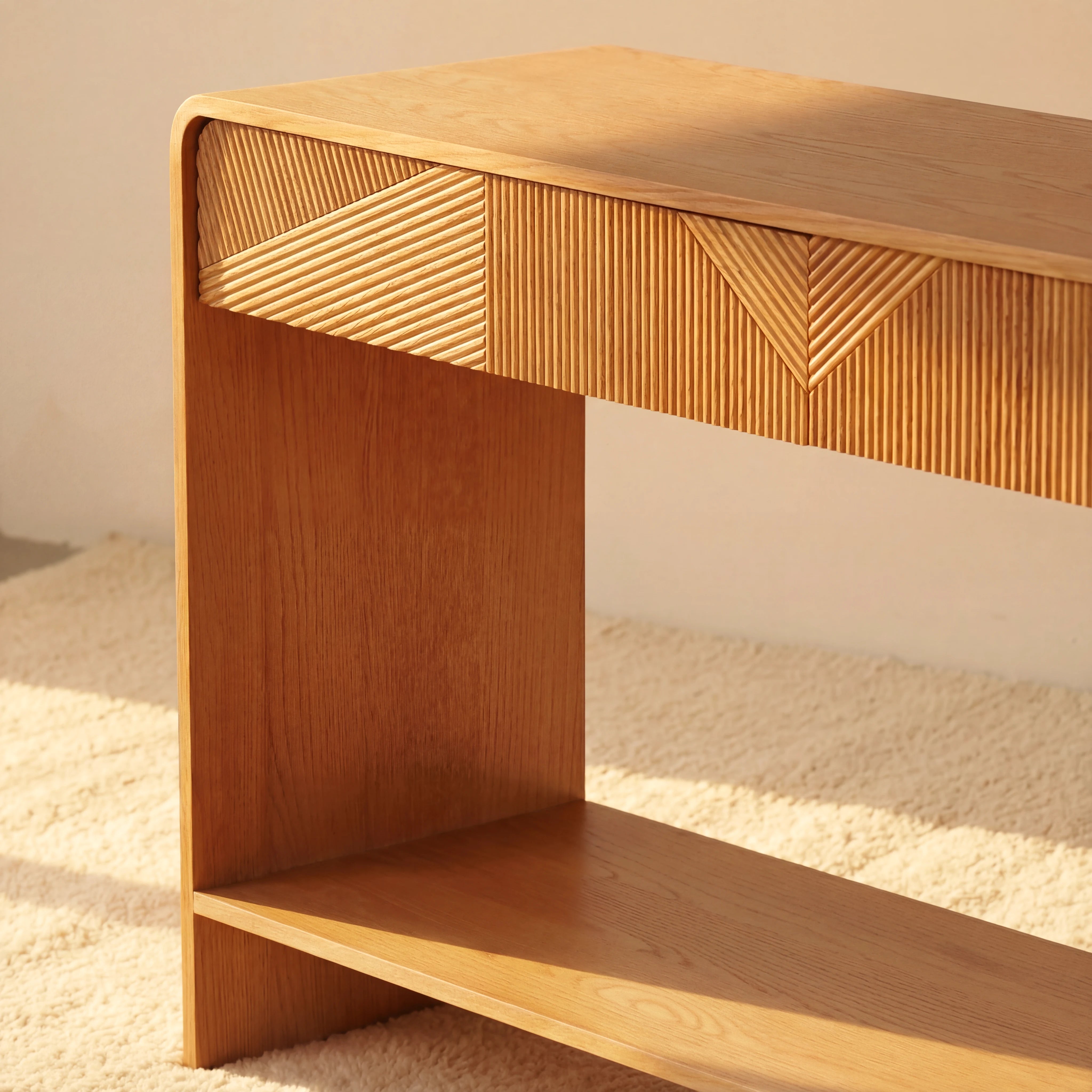 VISTA Console Table White oak with sculpted slat detailing