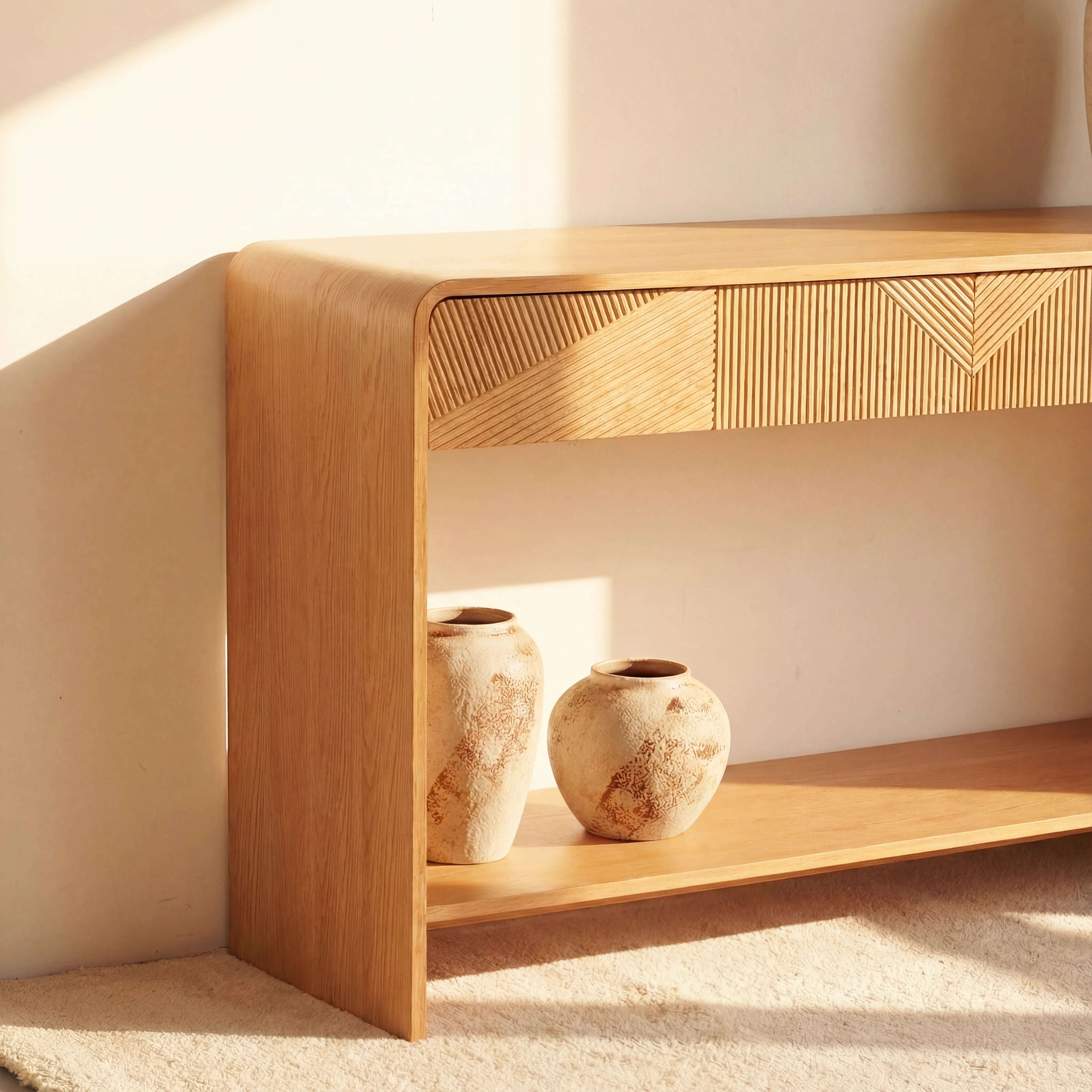 VISTA Console Table White oak with sculpted slat detailing