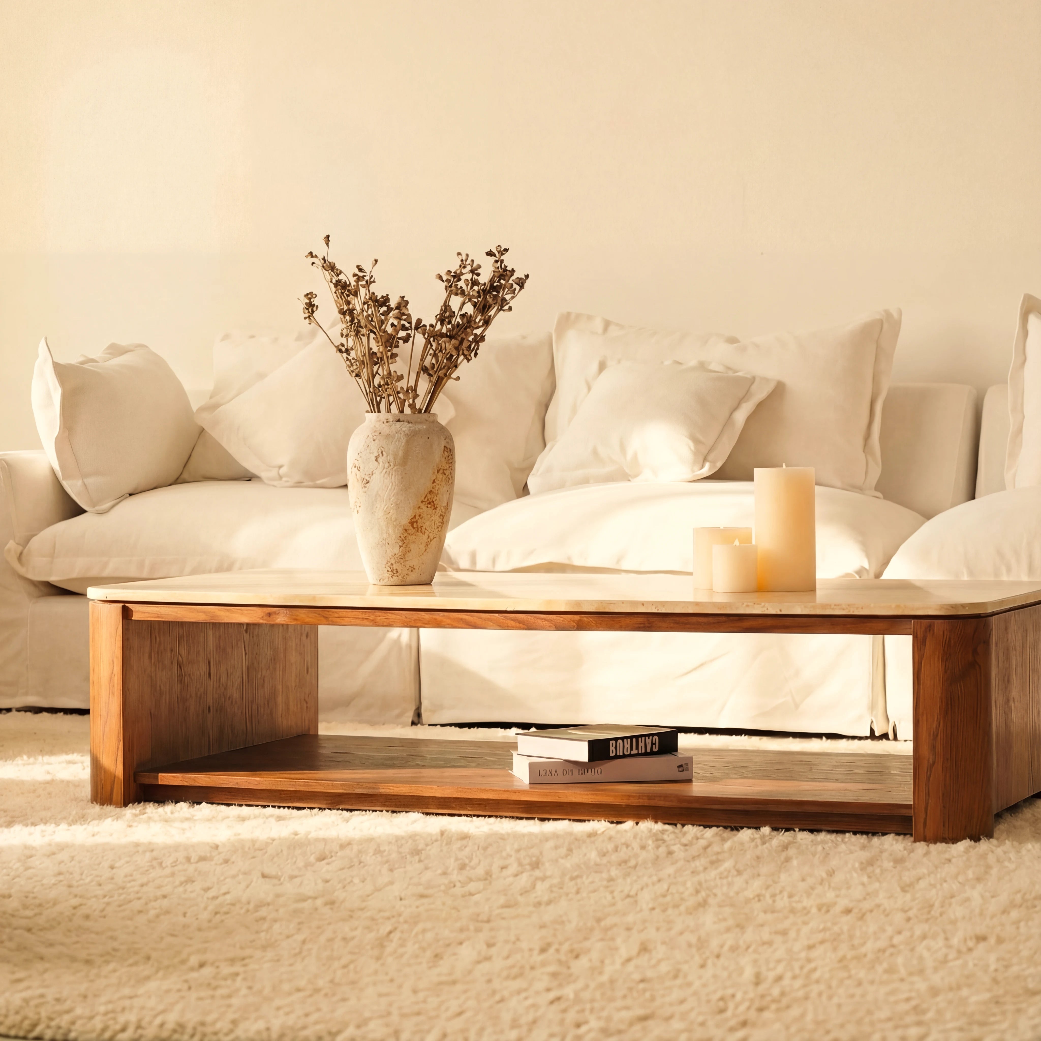 Ovelo Coffee Table Oak wood with travertine top
