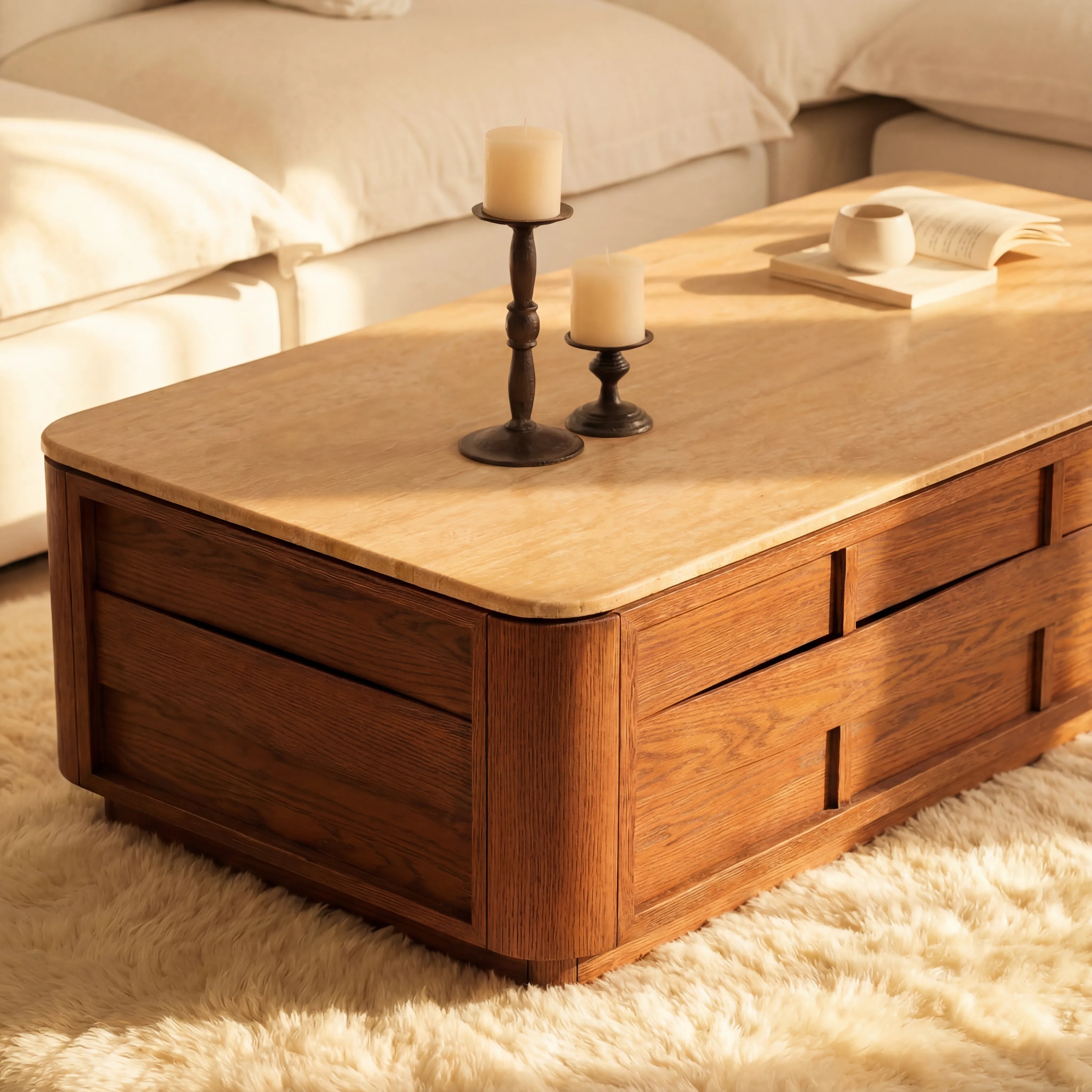 Hearth Coffee Table Oak wood with travertine top