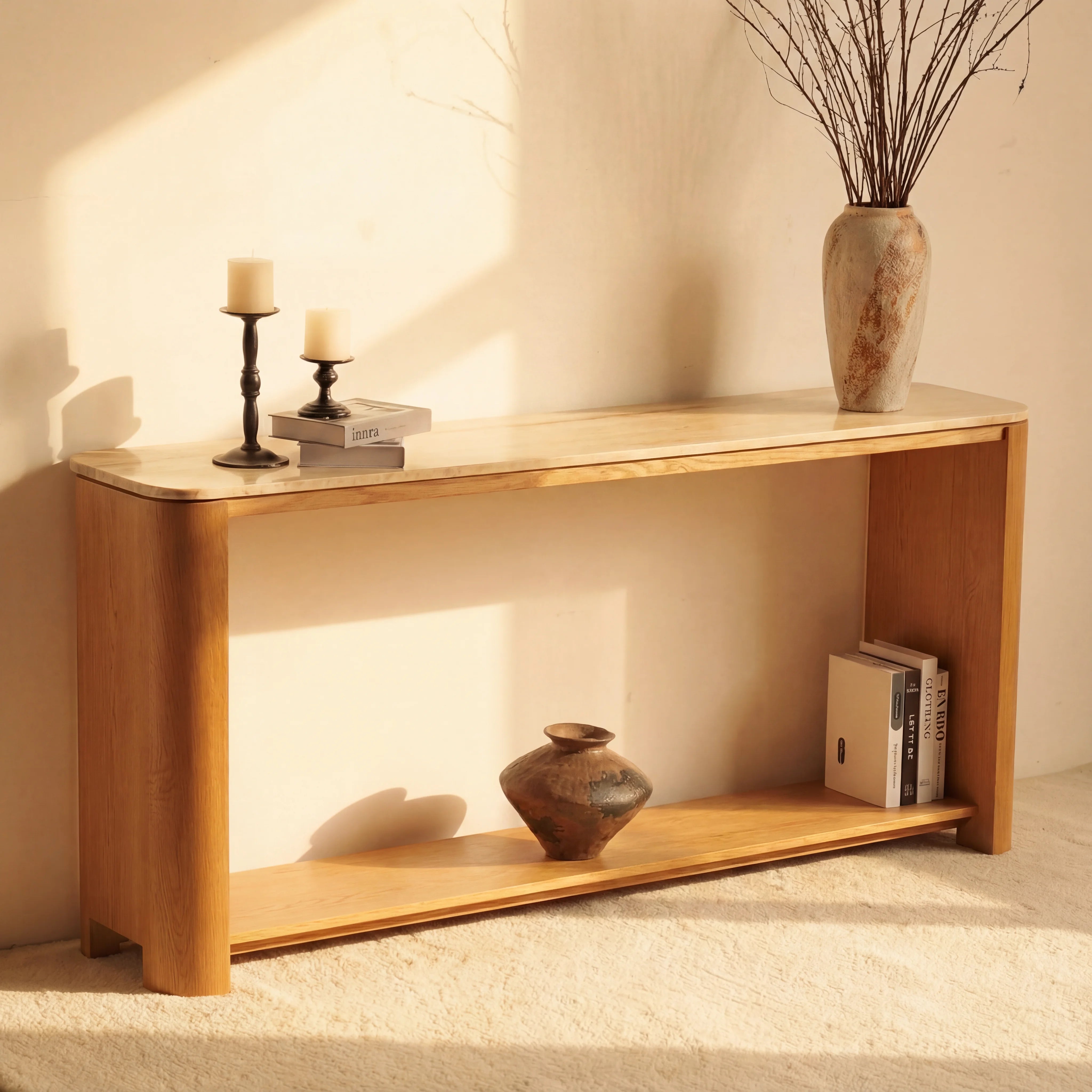 Ovelo Console Table Oak wood with travertine top