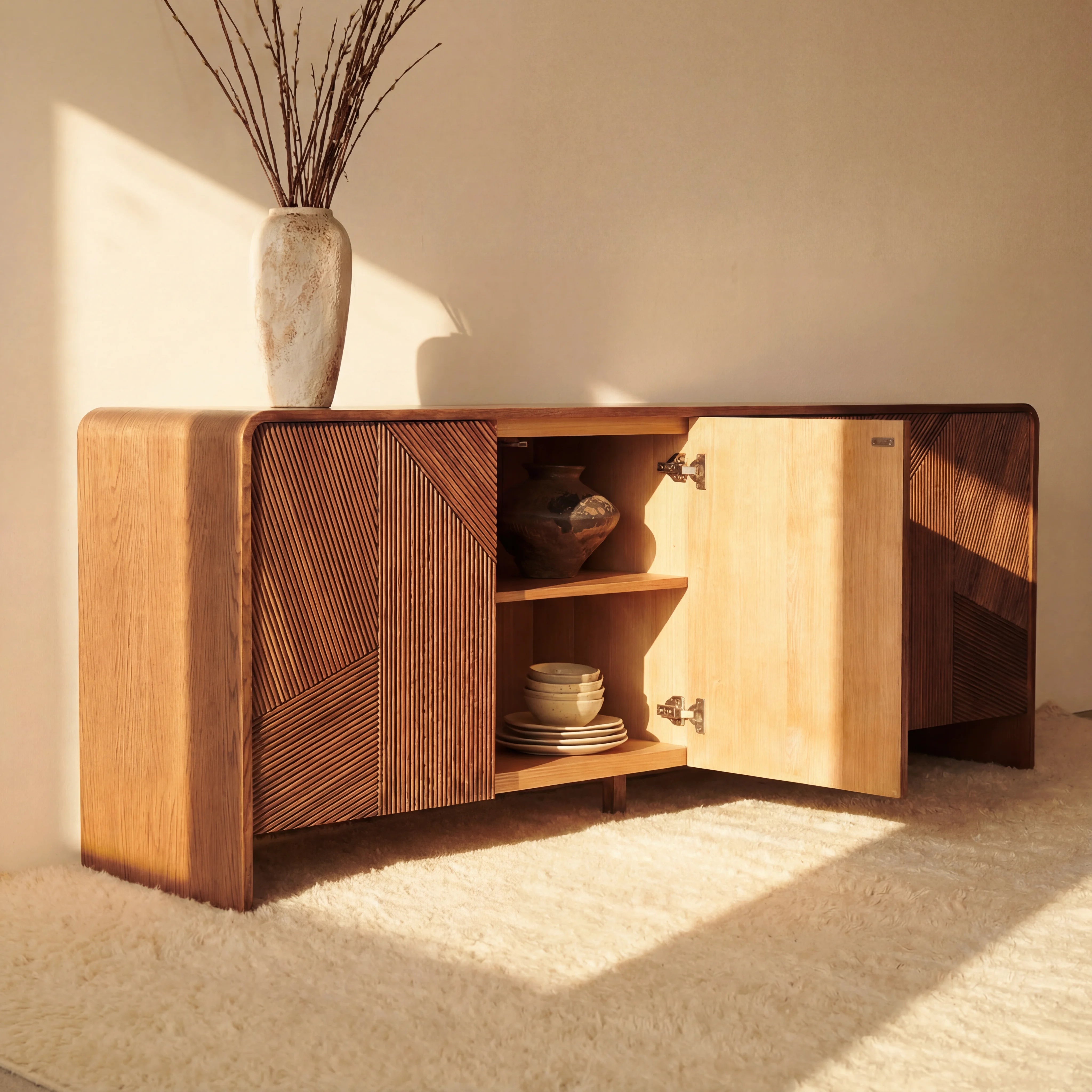 Vista Sideboard White oak with sculpted slat detailing
