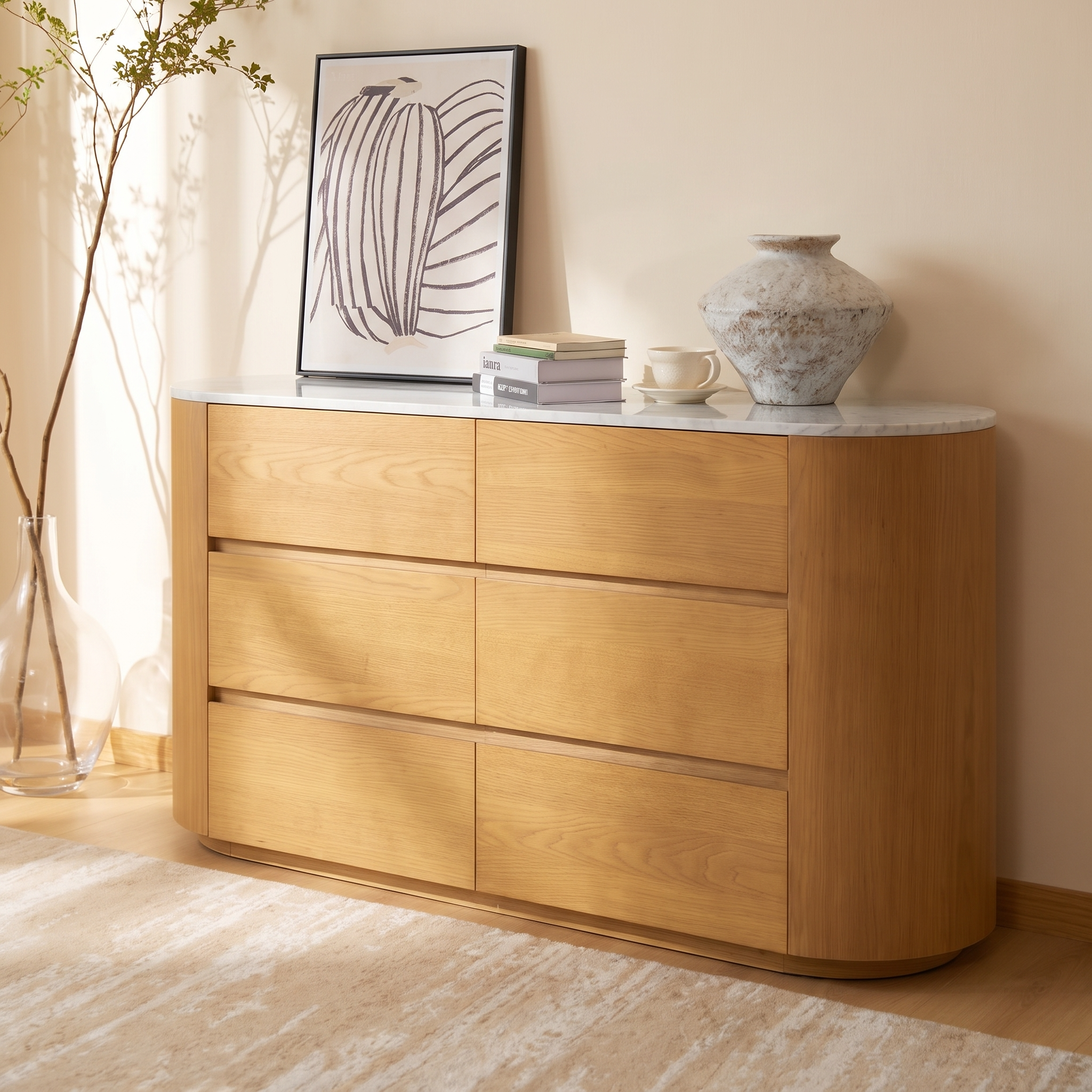 Cove 6-Drawer Dresser — Natural oak with marble top
