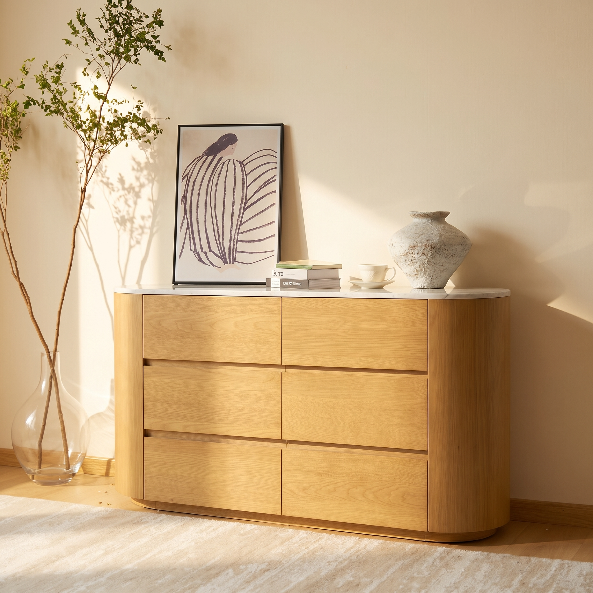 Cove 6-Drawer Dresser — Natural oak with marble top