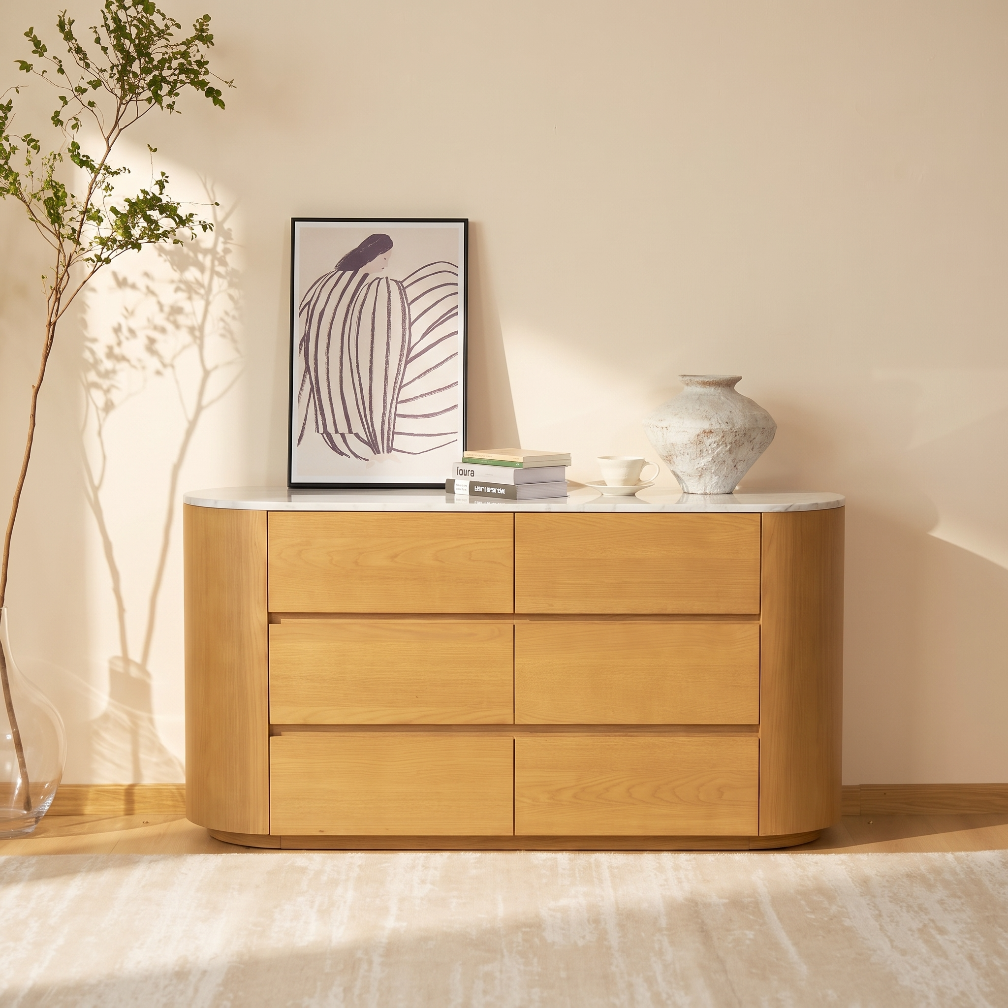 Cove 6-Drawer Dresser — Natural oak with marble top