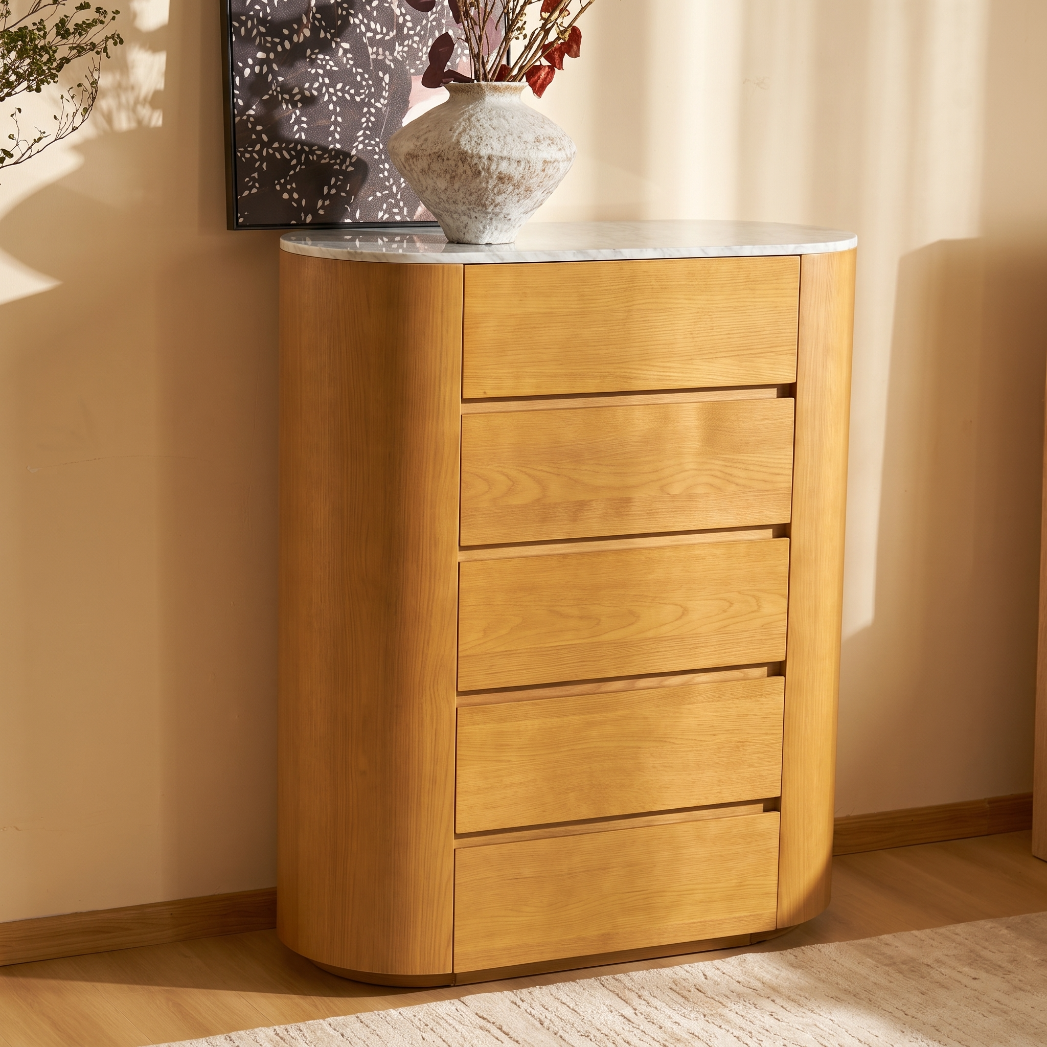Cove 5-Drawer Tallboy Chest — Natural oak with  marble top