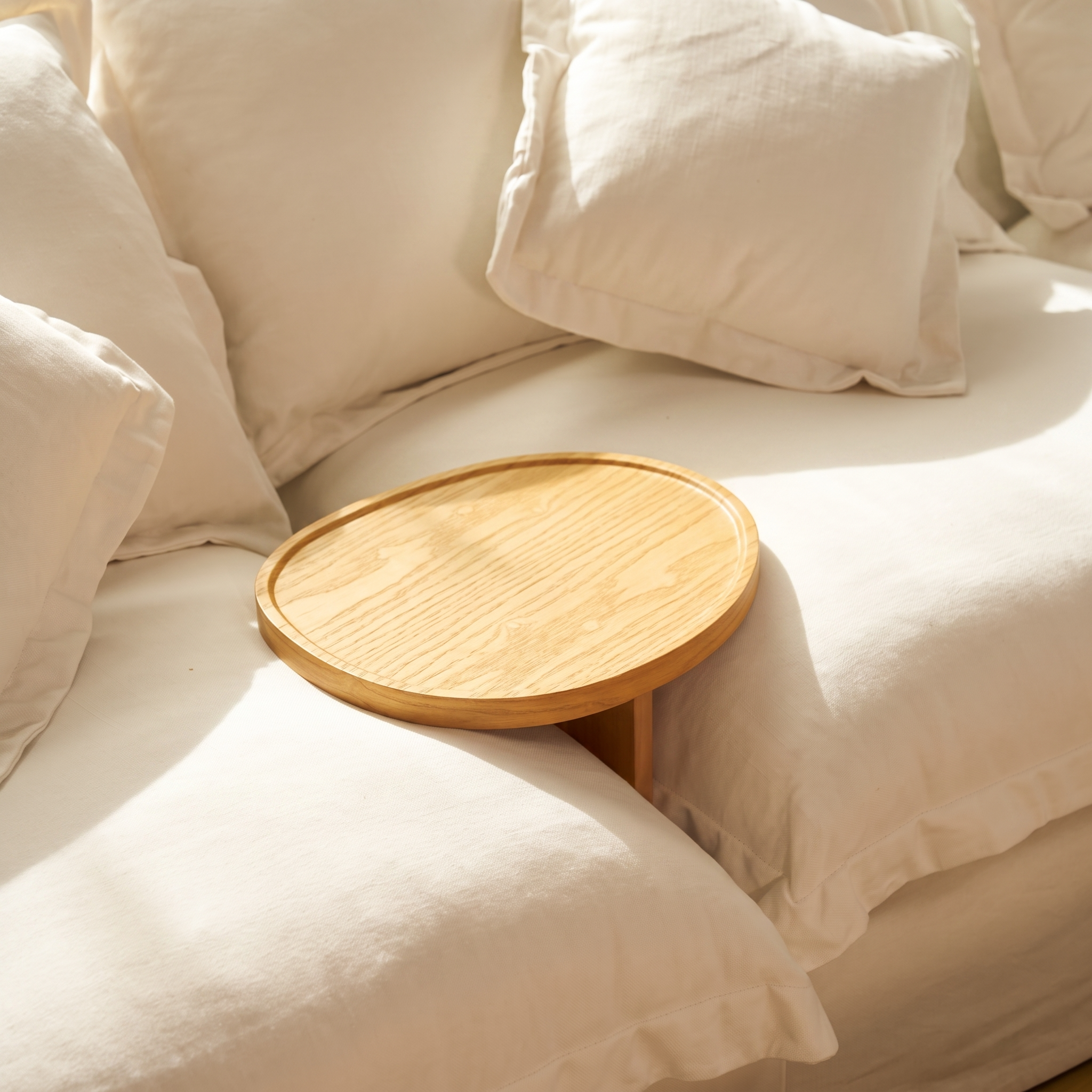 Loma Sofa Arm Table — Natural oak finish