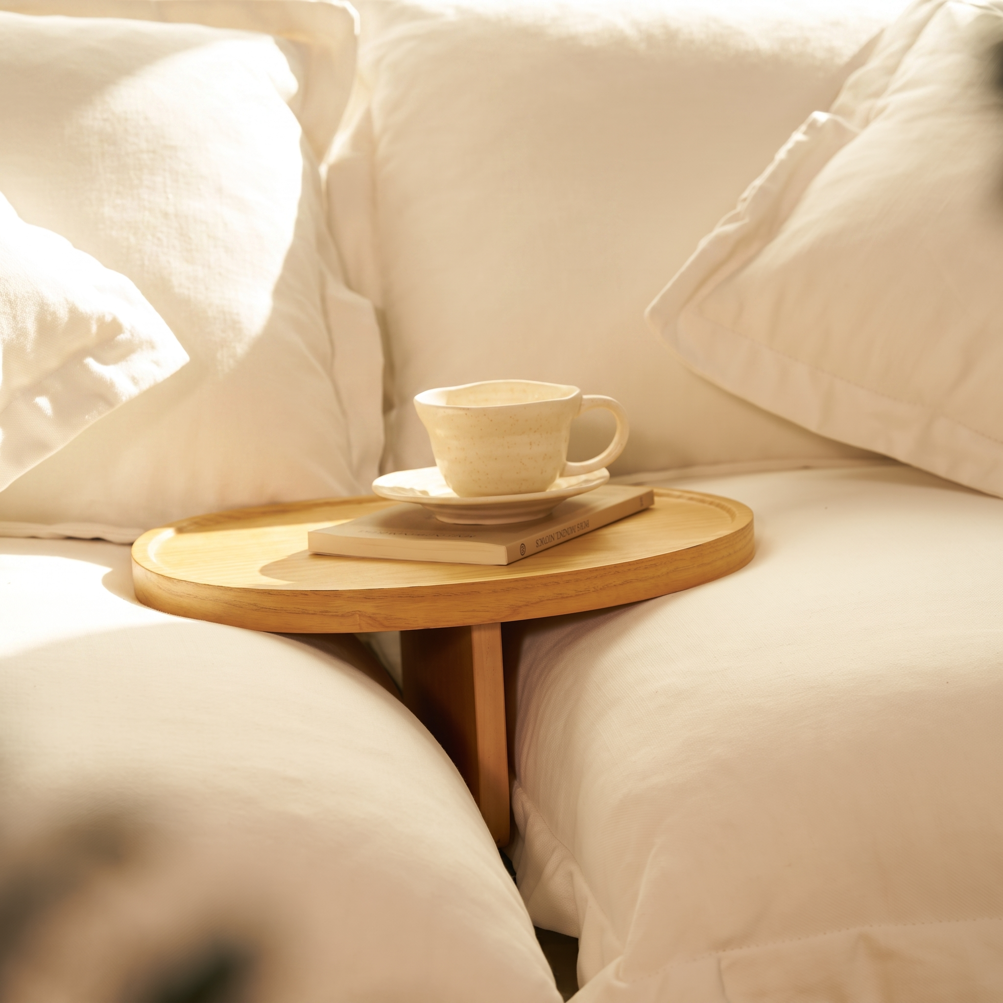 Loma Sofa Arm Table — Natural oak finish