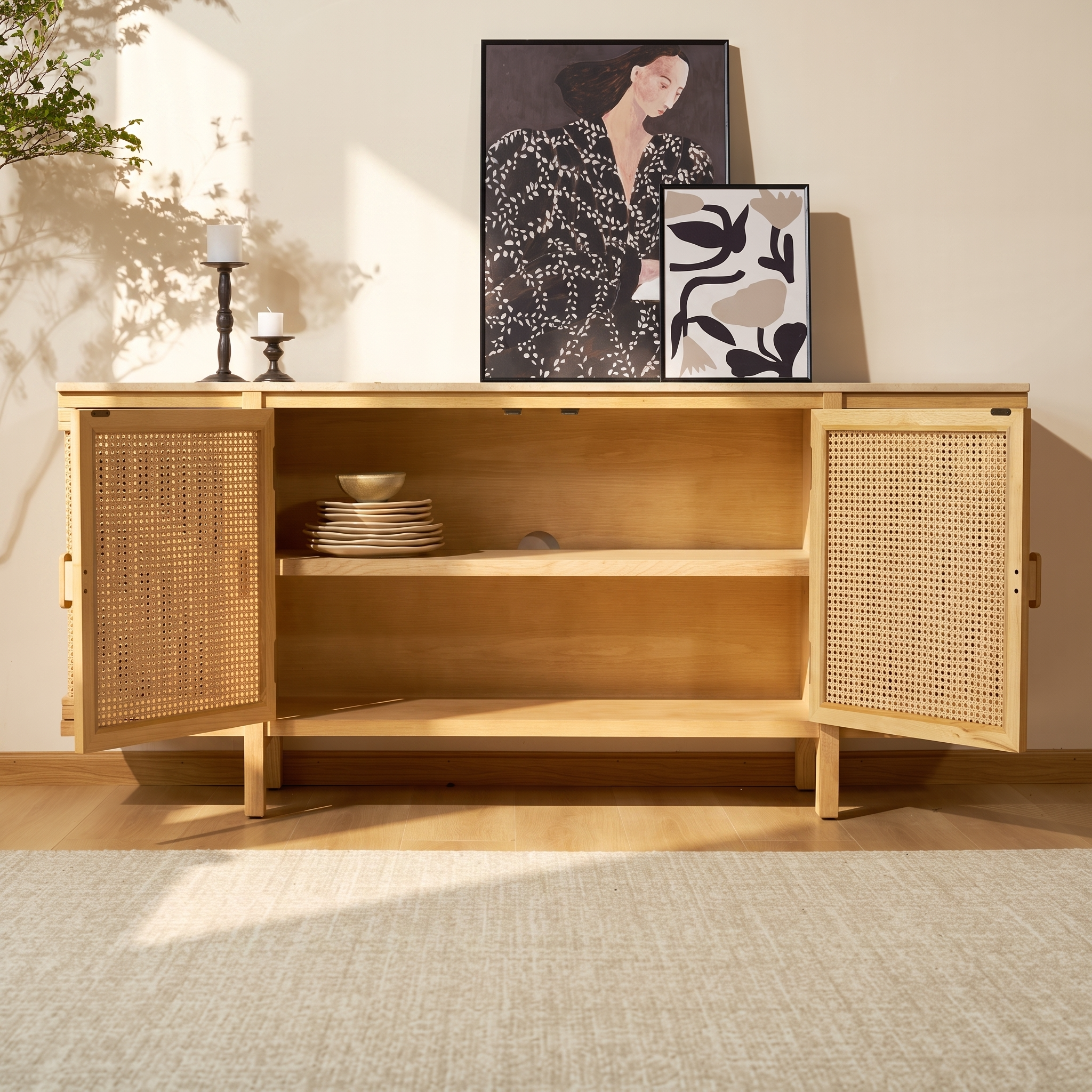 Nara Cane Sideboard  — Natural oak with woven cane doors