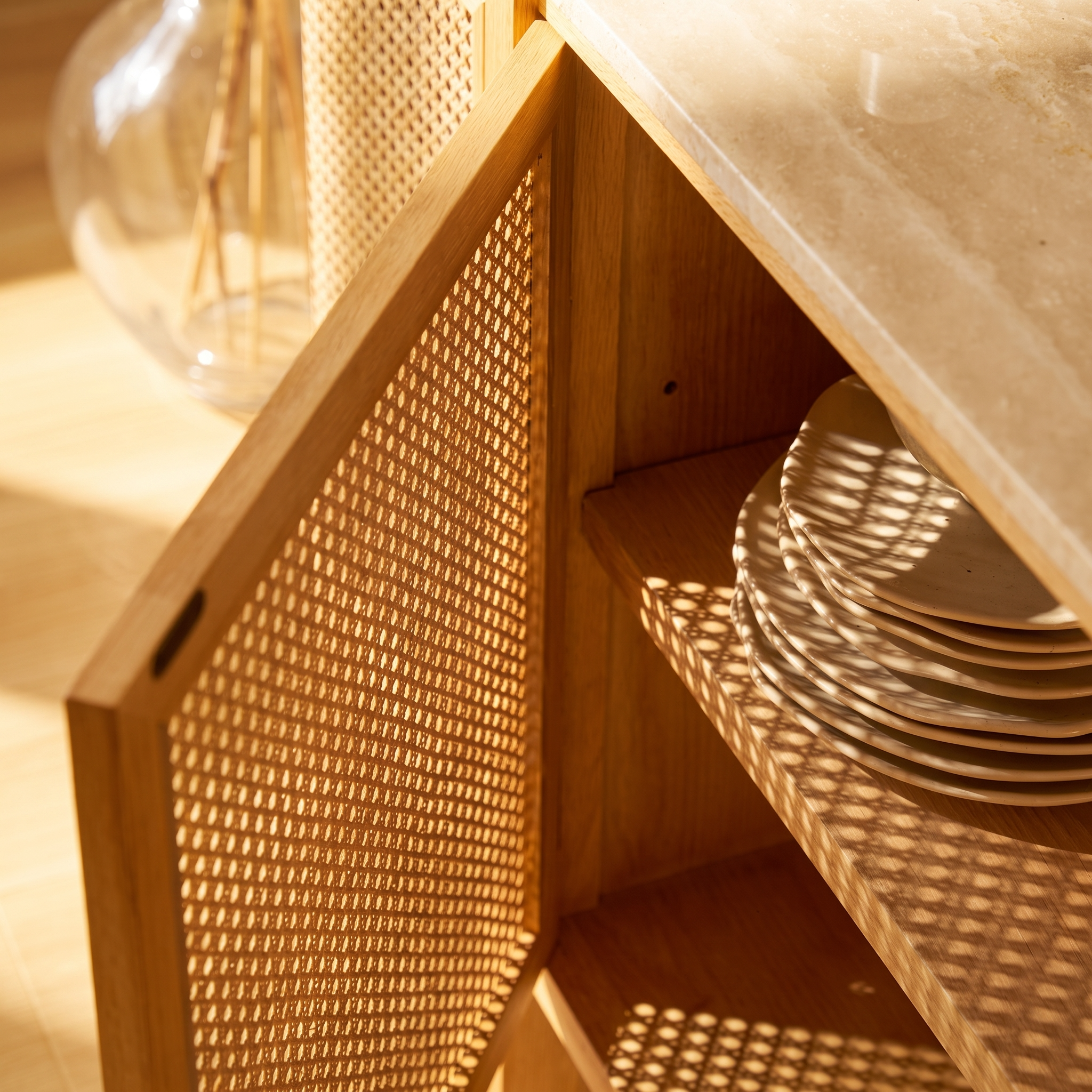 Nara Cane Sideboard  — Natural oak with woven cane doors