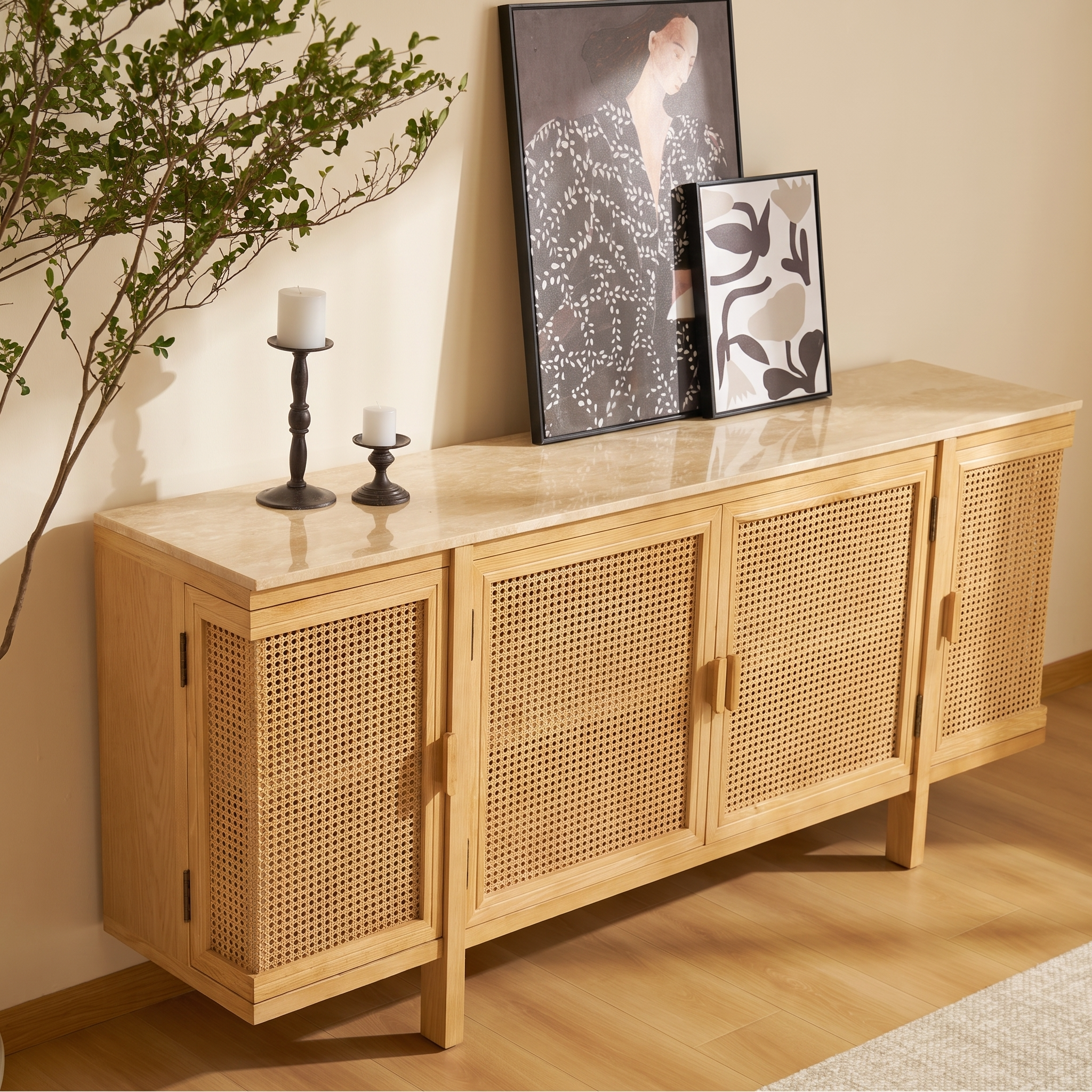 Nara Cane Sideboard  — Natural oak with woven cane doors