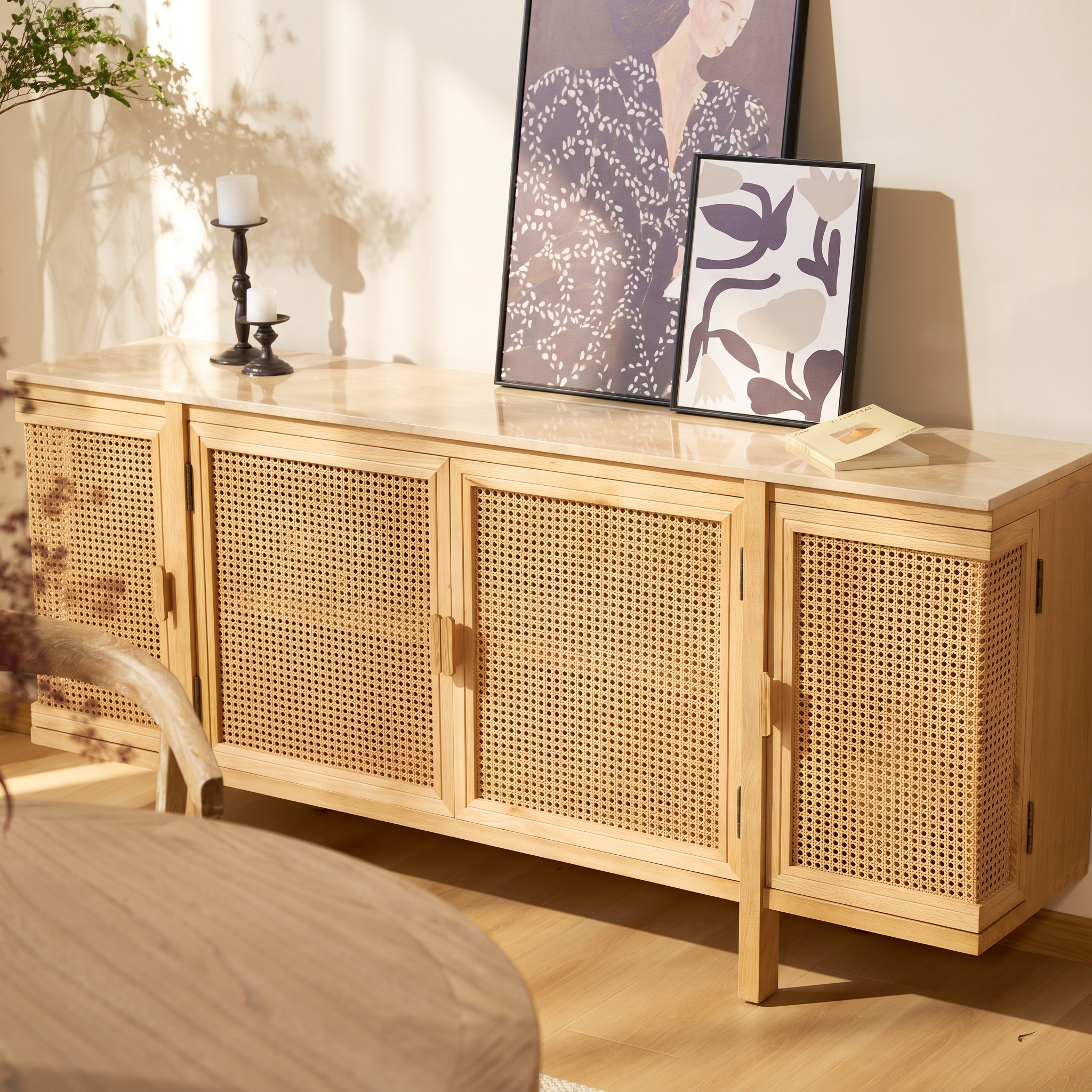 Nara Cane Sideboard  — Natural oak with woven cane doors