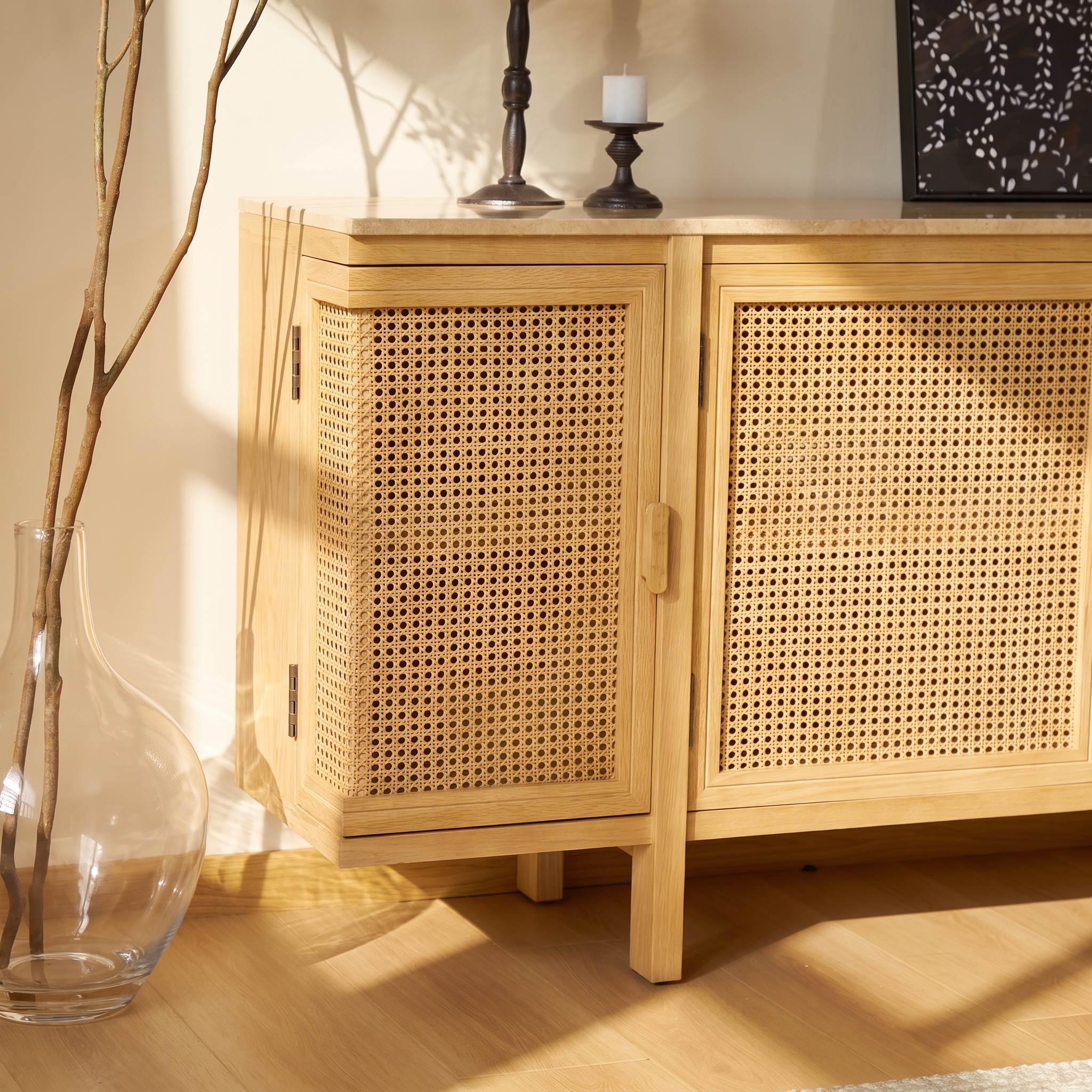 Nara Cane Sideboard  — Natural oak with woven cane doors